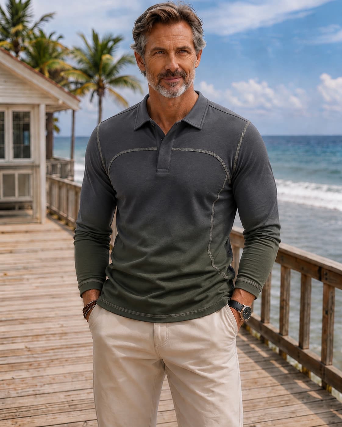 Men's Charcoal and Olive Green Gradient Stitch Slim Fit Tech Casual No-Print Long Sleeve Polo Shirt