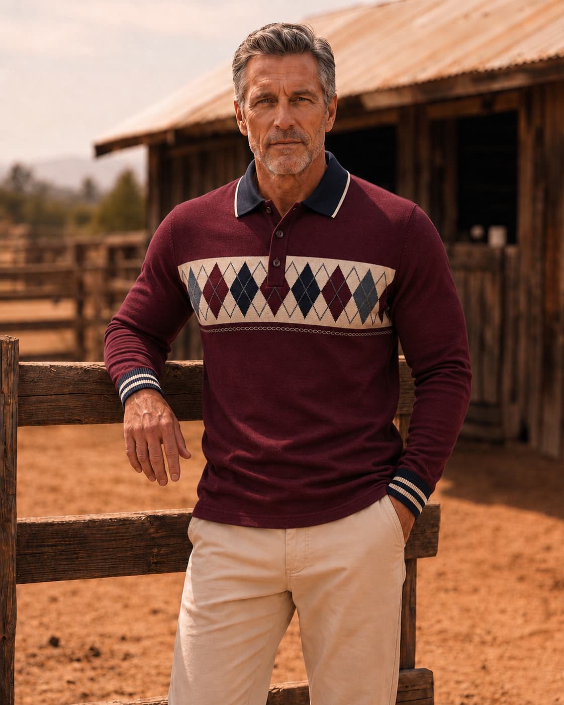 Men's Burgundy and Navy Argyle Knit Slim Fit Preppy Casual Printed Long Sleeve Polo Shirt