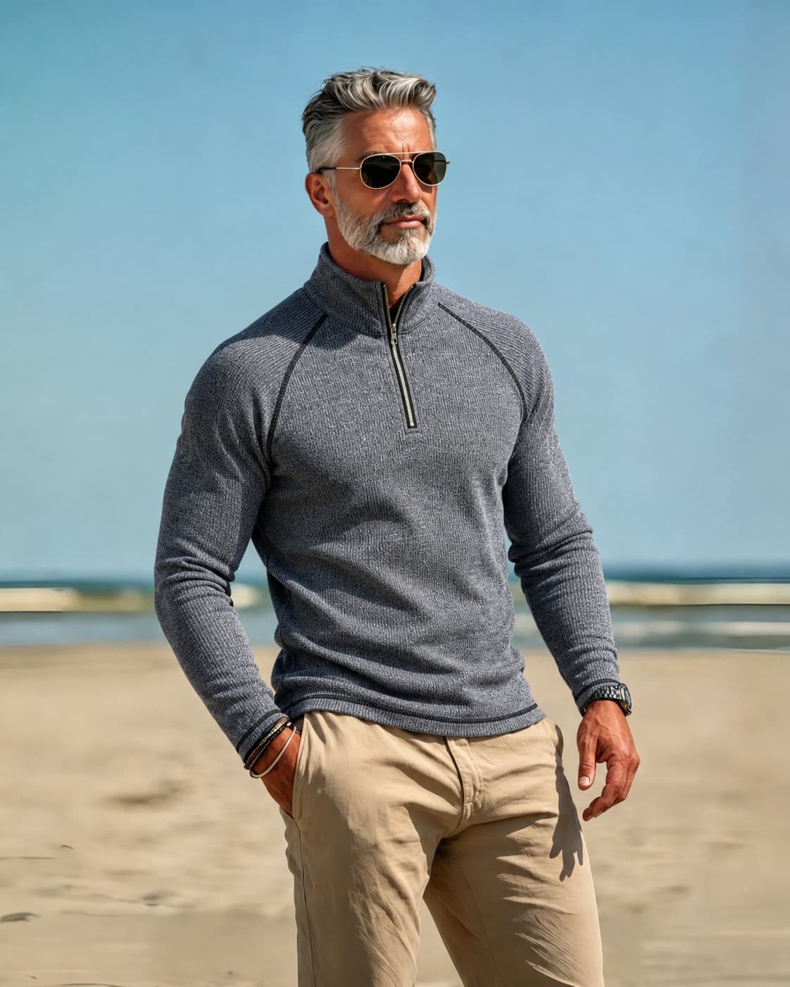 Men's Heather Grey Textured Half-Zip Mock Neck Slim Fit Outdoor Casual No-Print Long Sleeve Top