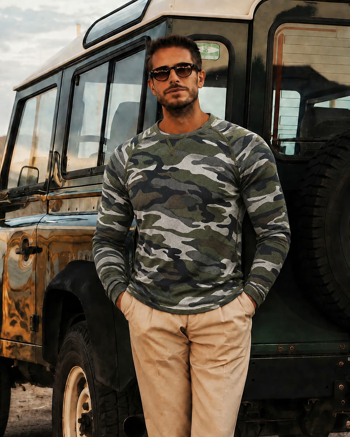 Men's Army Green Camo Waffle Knit Slim Fit Tactical Casual No-Print Long Sleeve T-Shirt