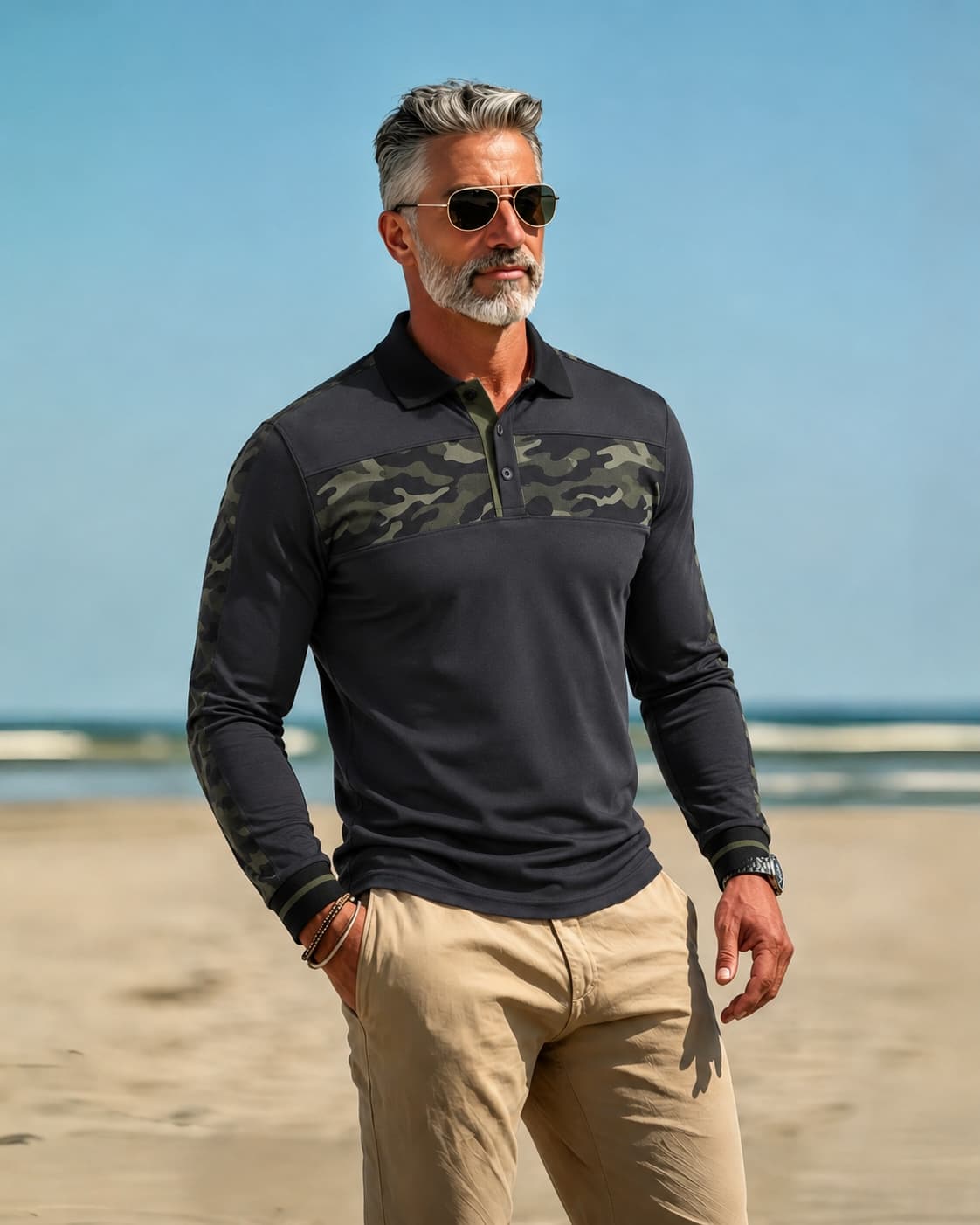Men's Dark Grey and Army Green Camo Patchwork Slim Fit Street Casual Printed Long Sleeve Polo Shirt