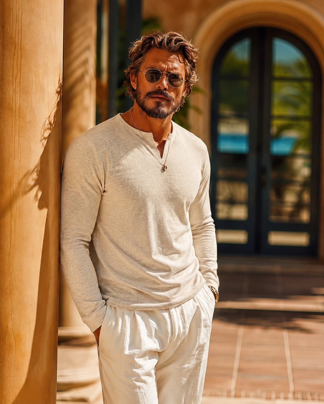 Men's Beige Notched Henley Neck Slim Fit Linen Blend Casual Long Sleeve T-Shirt