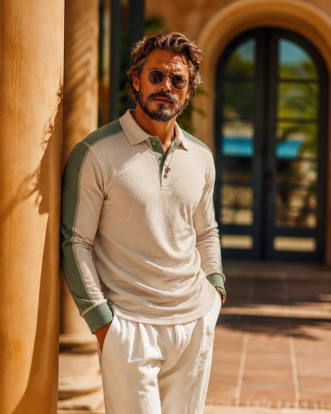 Men's Oatmeal and Sage Green Waffle Knit Slim Fit Smart Casual No-Print Color Block Long Sleeve Polo Shirt