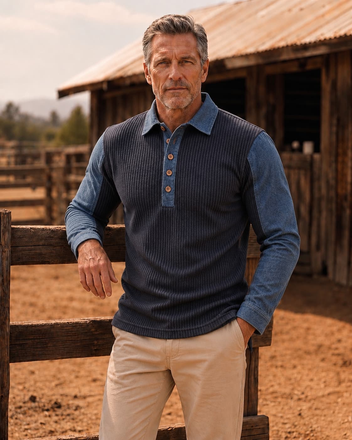 Men's Navy Vertical Rib Denim Patch Slim Fit Retro Casual Long Sleeve Polo Shirt
