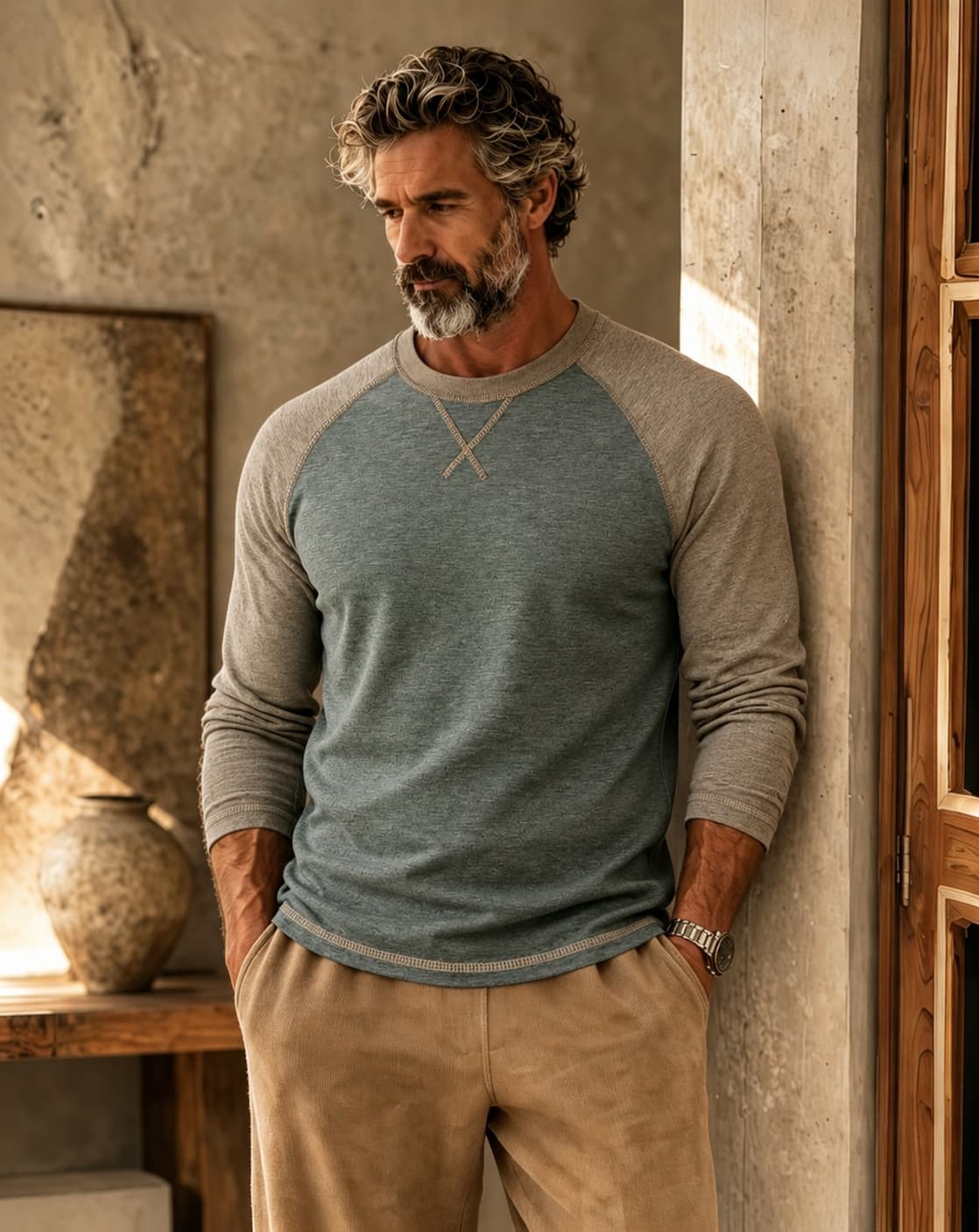 Men's Green and Khaki Raglan Slim Fit Workwear Casual No-Print Long Sleeve T-Shirt