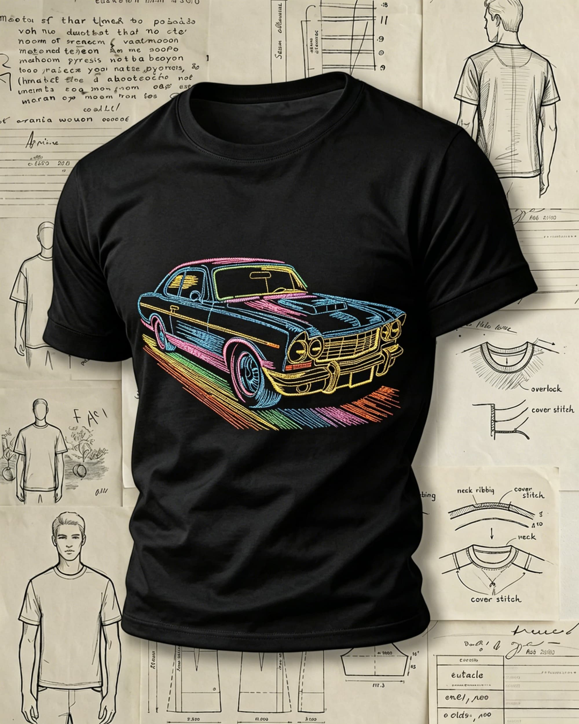 Vintage Muscle Car Embroidered Pattern T-Shirts