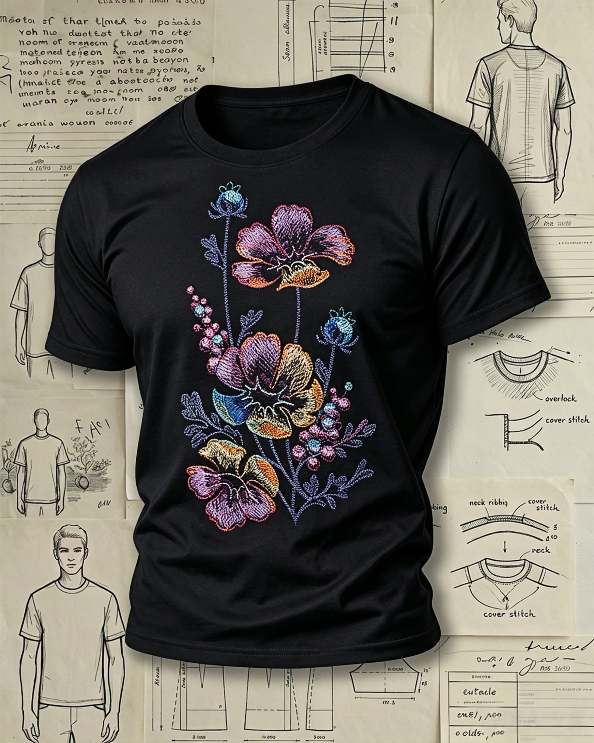 Wildflower Bouquet Embroidered Pattern T-Shirts