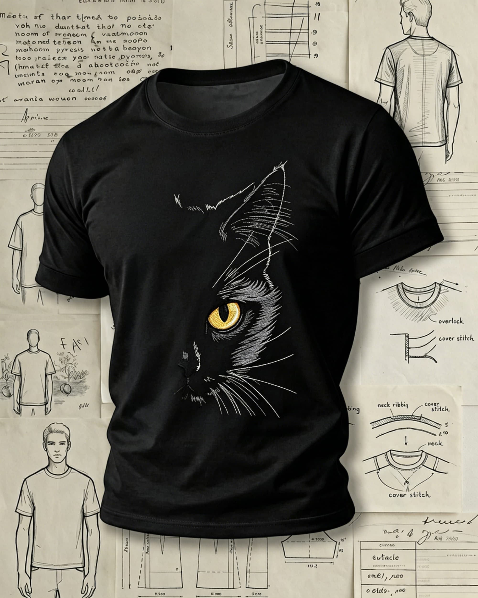 Black Cat Eye Portrait Embroidered Pattern T-Shirts