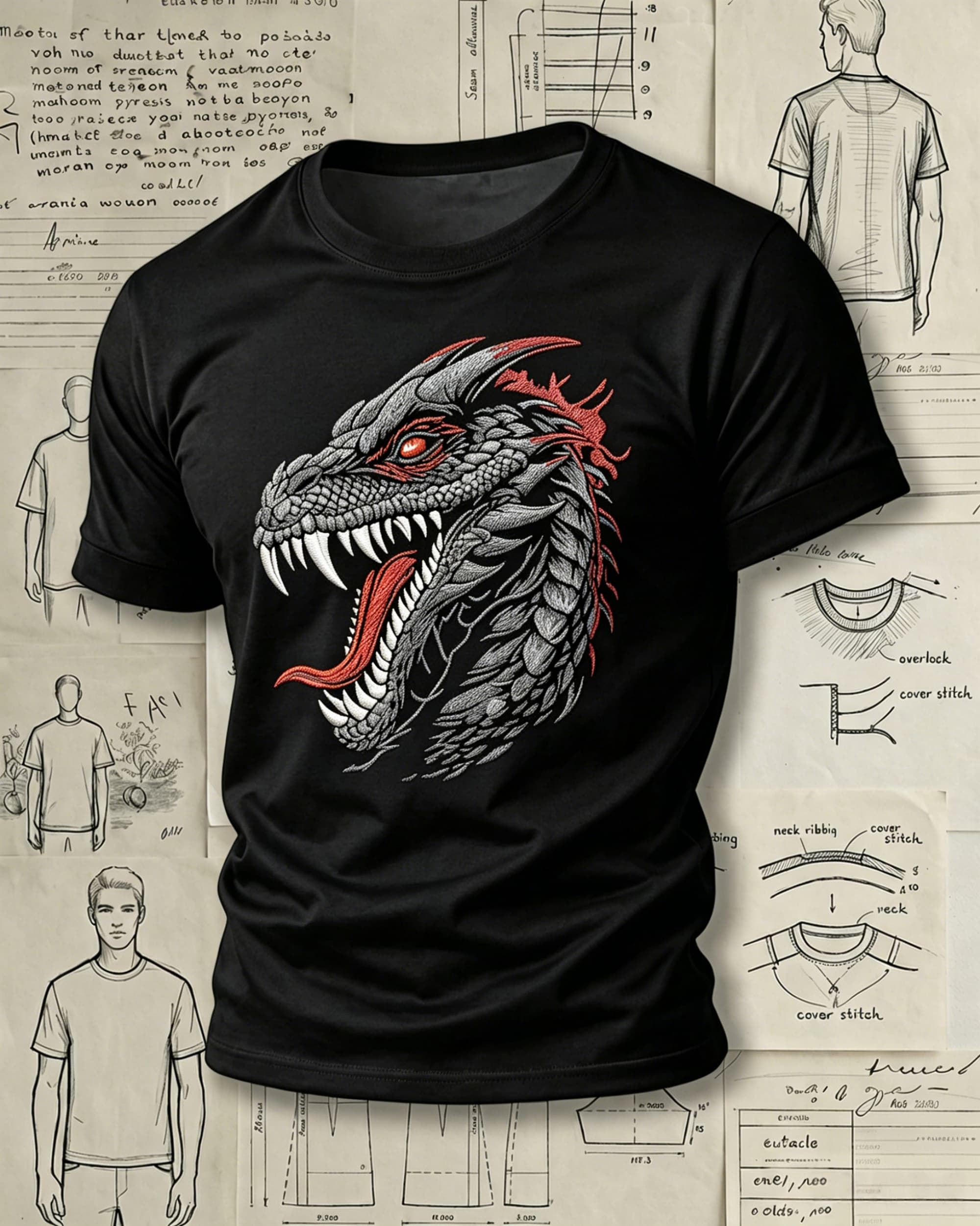 Fierce Dragon Head Embroidered Pattern T-Shirts