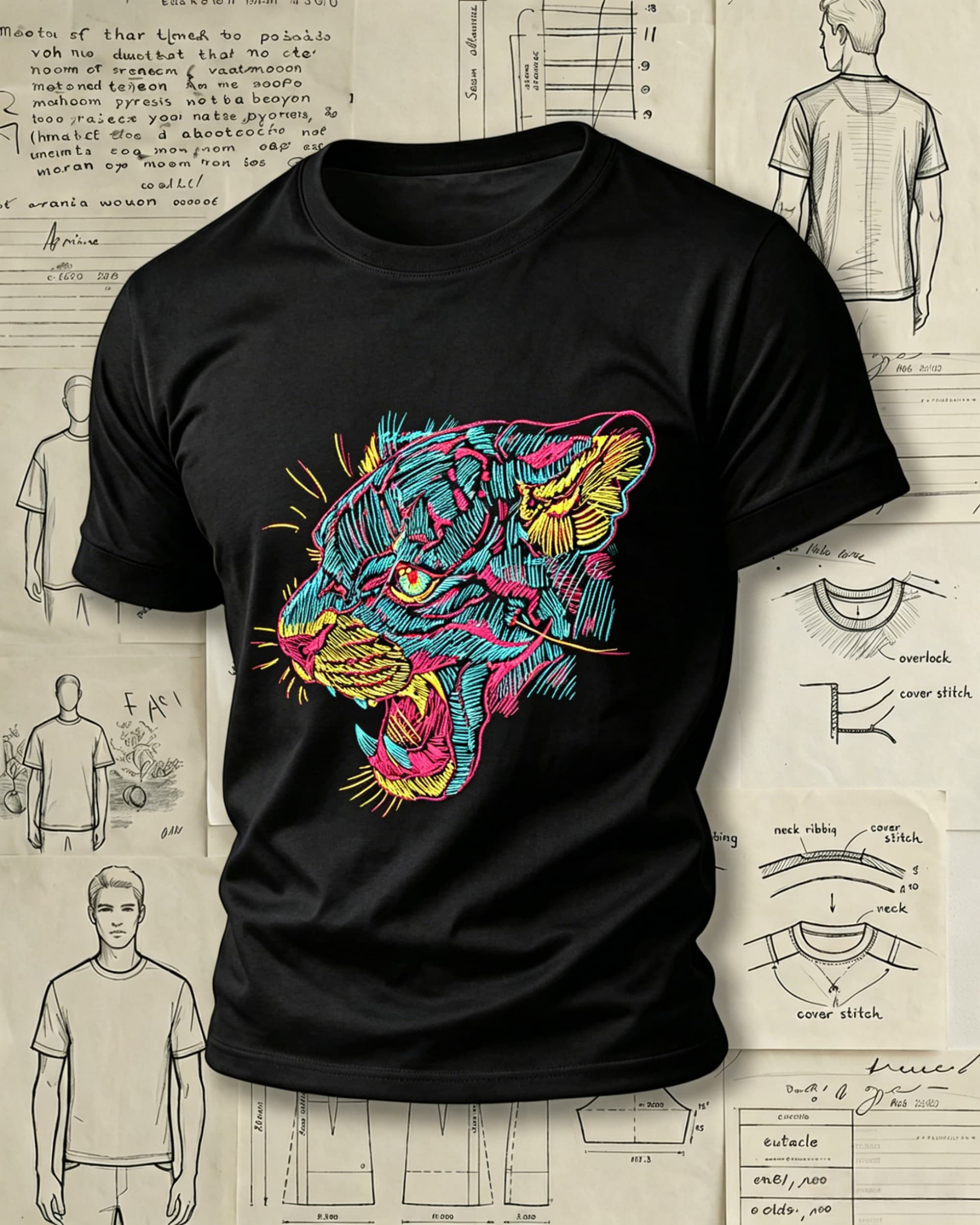 Neon Tiger Head Embroidered Pattern T-Shirts