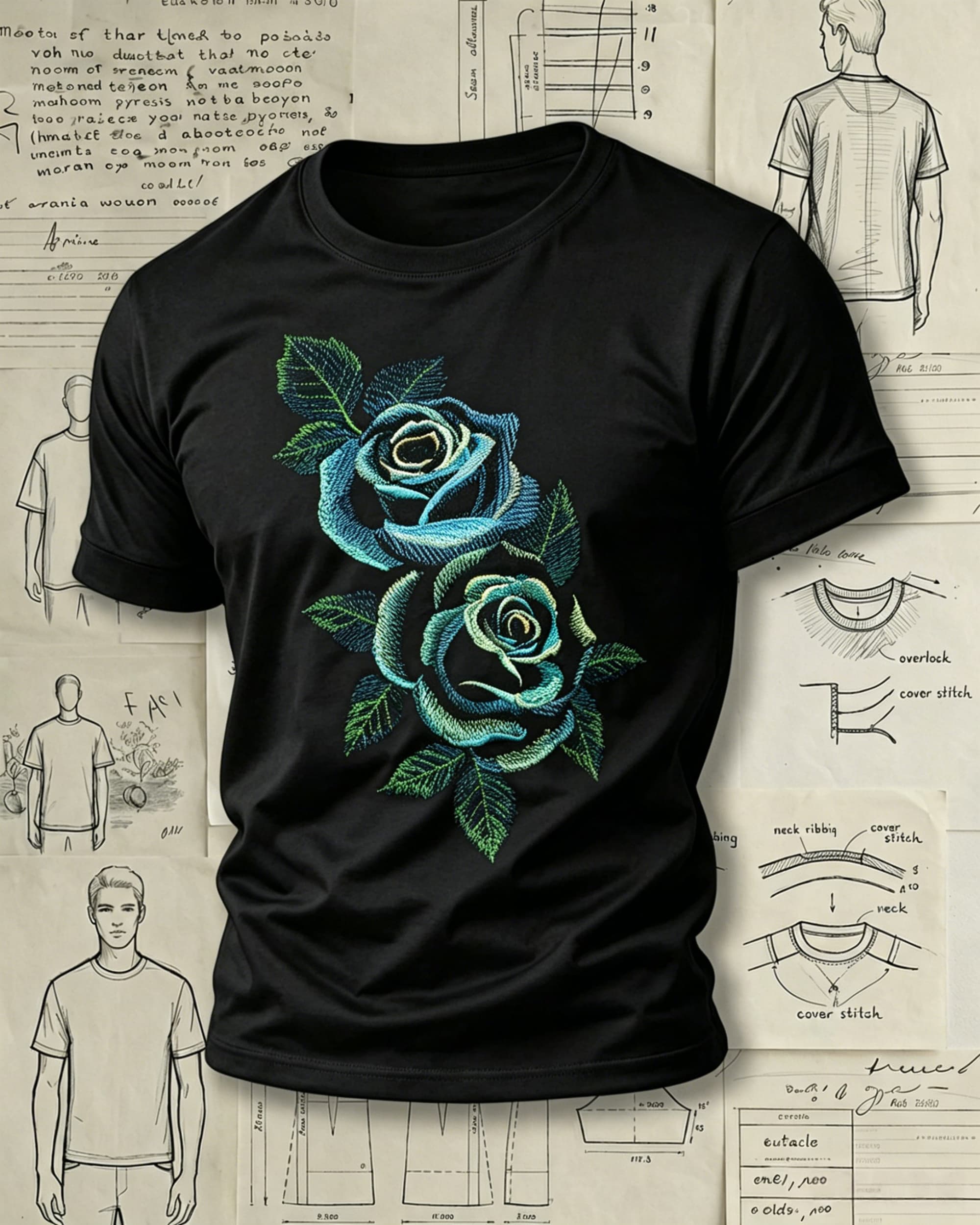 Blue Rose Floral Embroidered Pattern T-Shirts