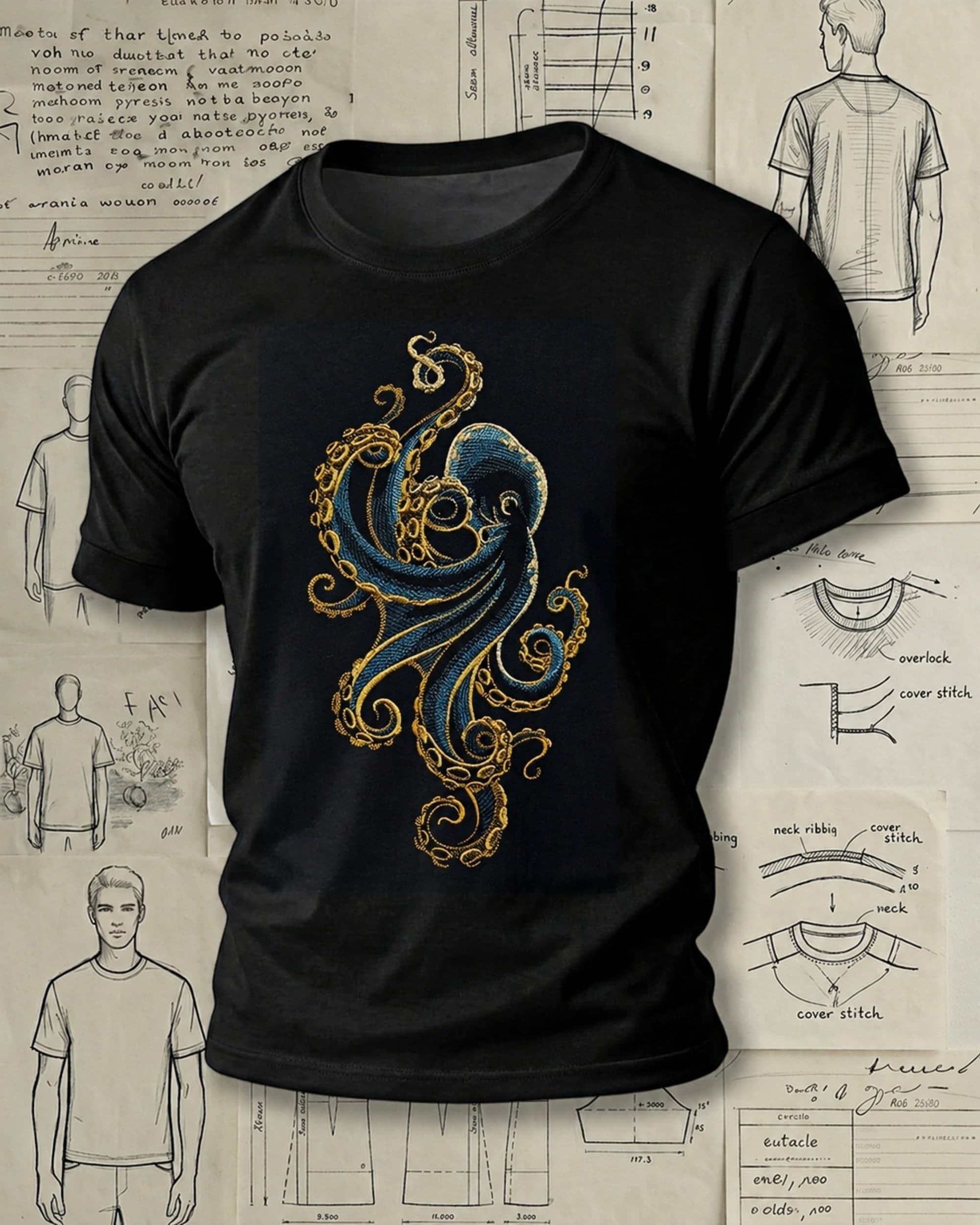 Blue and Gold Octopus Embroidered Pattern T-Shirts