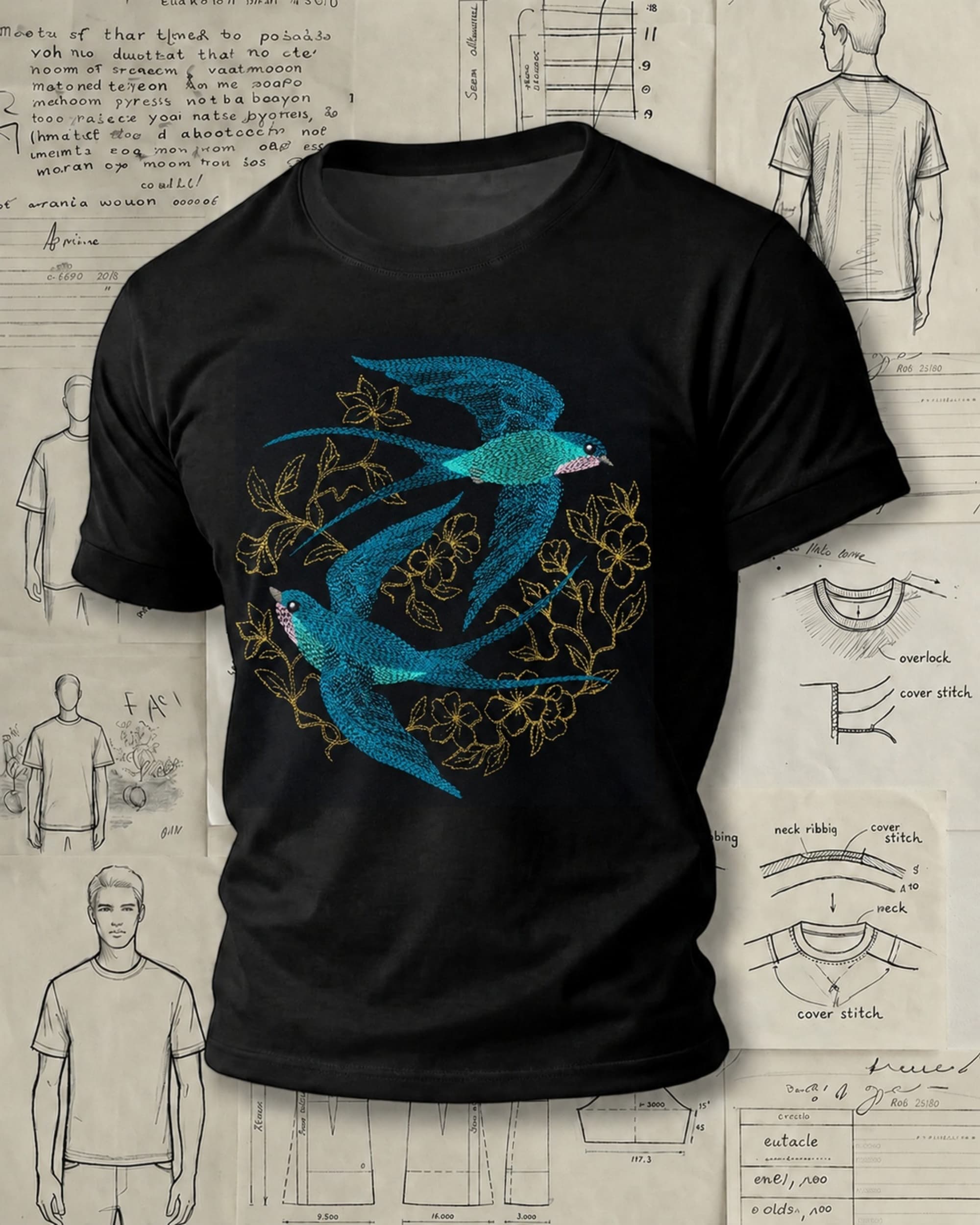 Swallows and Floral Vines Embroidered Pattern T-Shirts