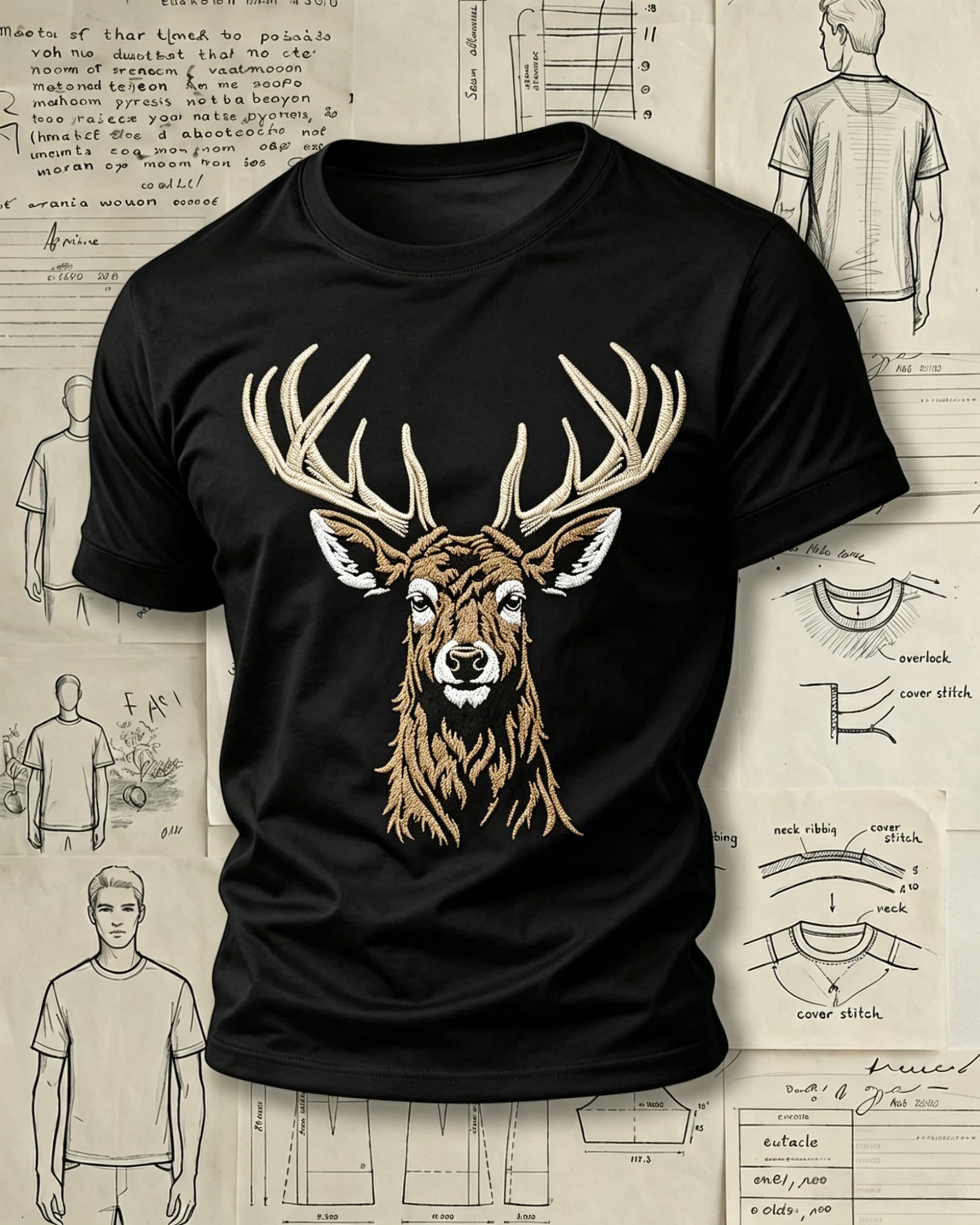 Deer Head Antler Embroidered Pattern T-Shirts
