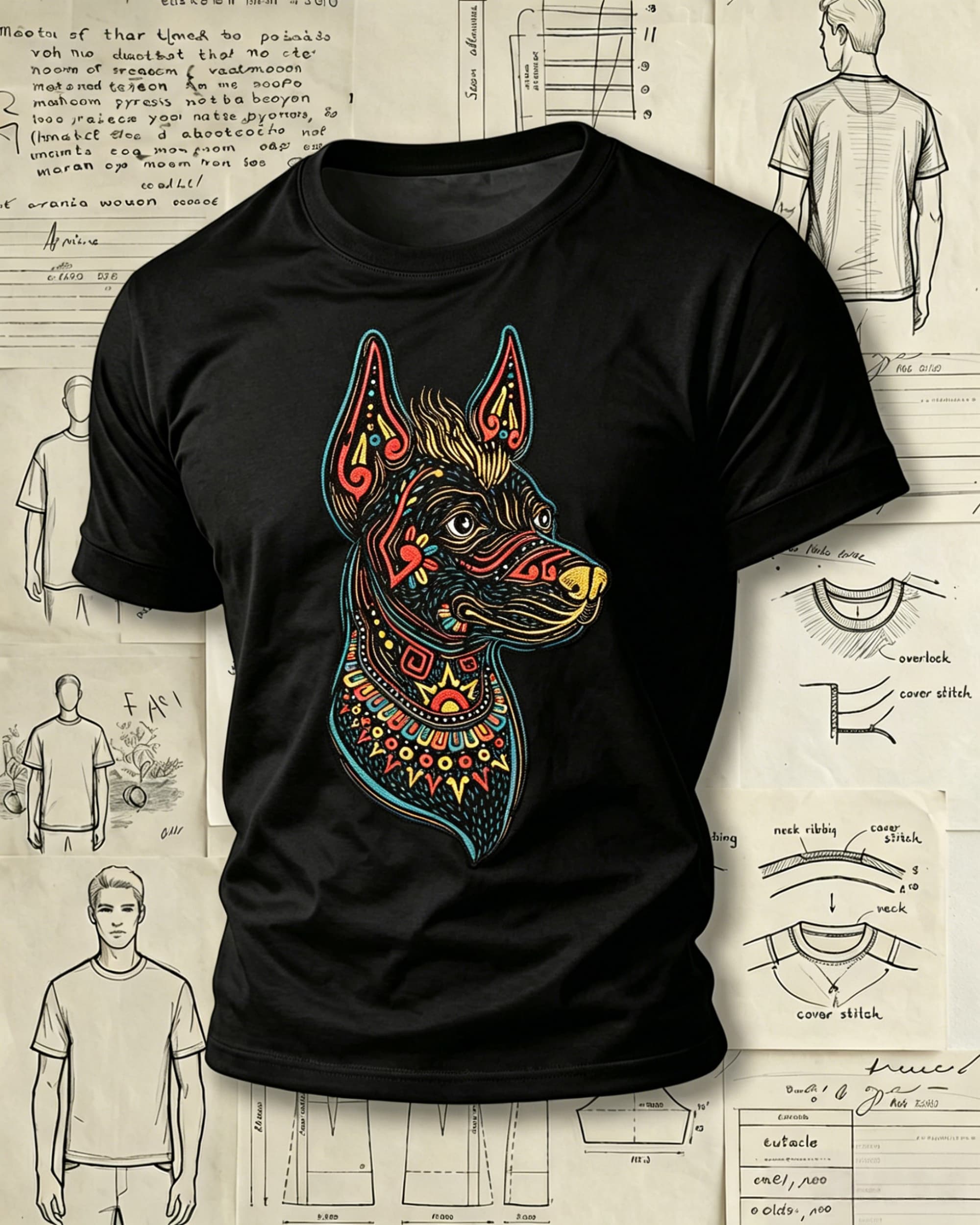 Aztec Style Dog Head Embroidered Pattern T-Shirts