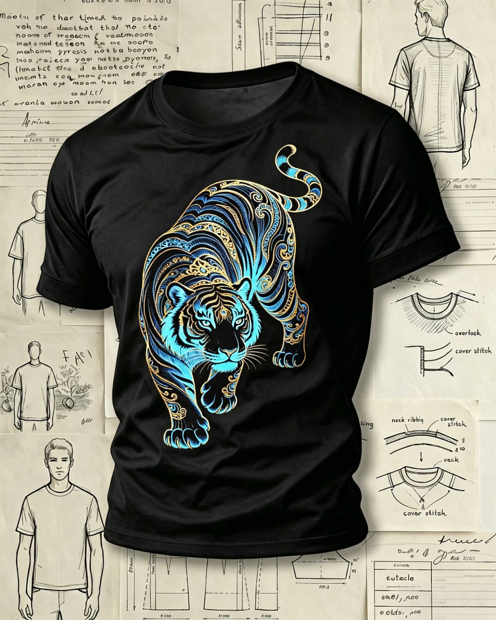 Tribal Tiger Embroidered Pattern T-Shirts
