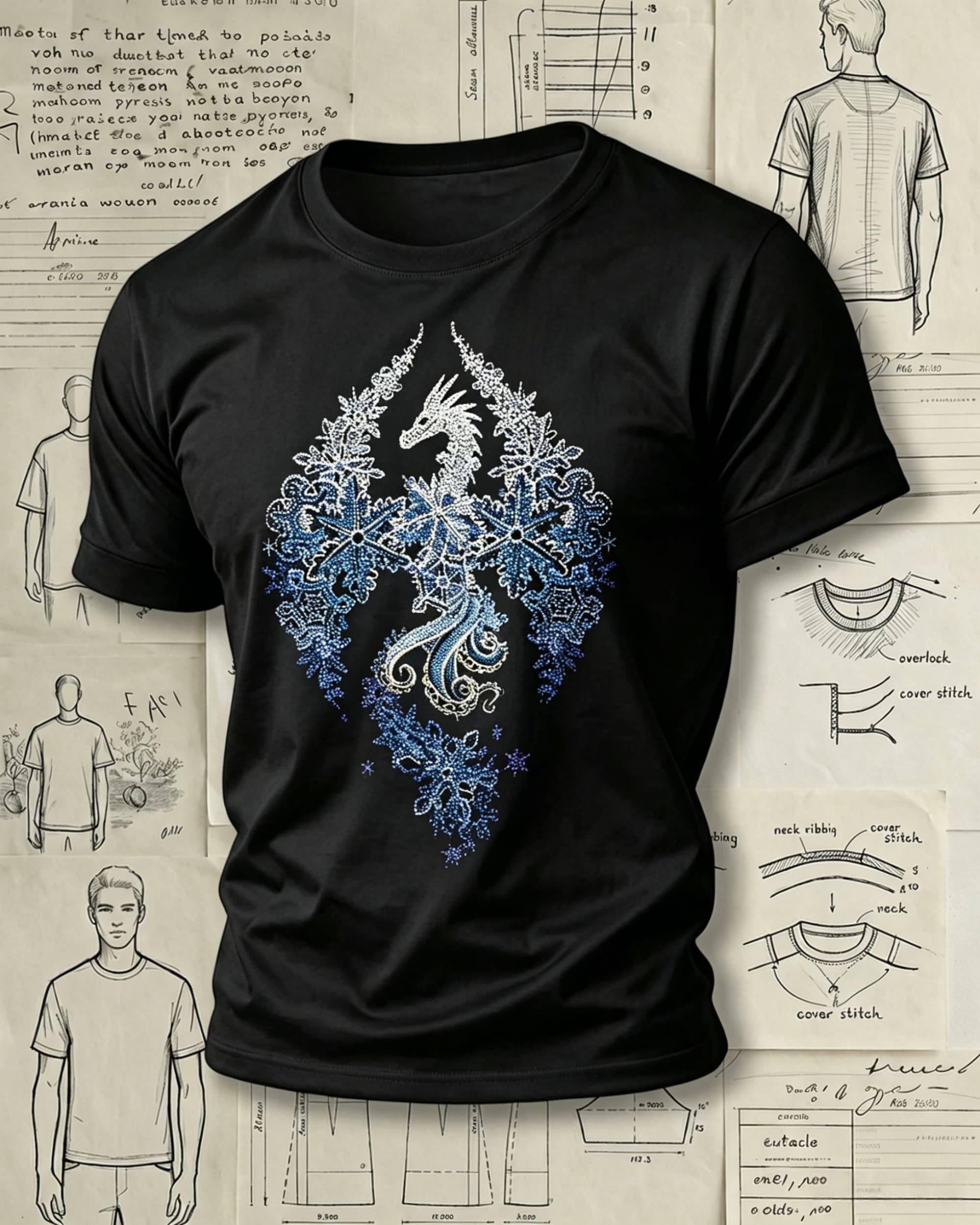 Ice Dragon and Snowflakes Embroidered Pattern T-Shirts