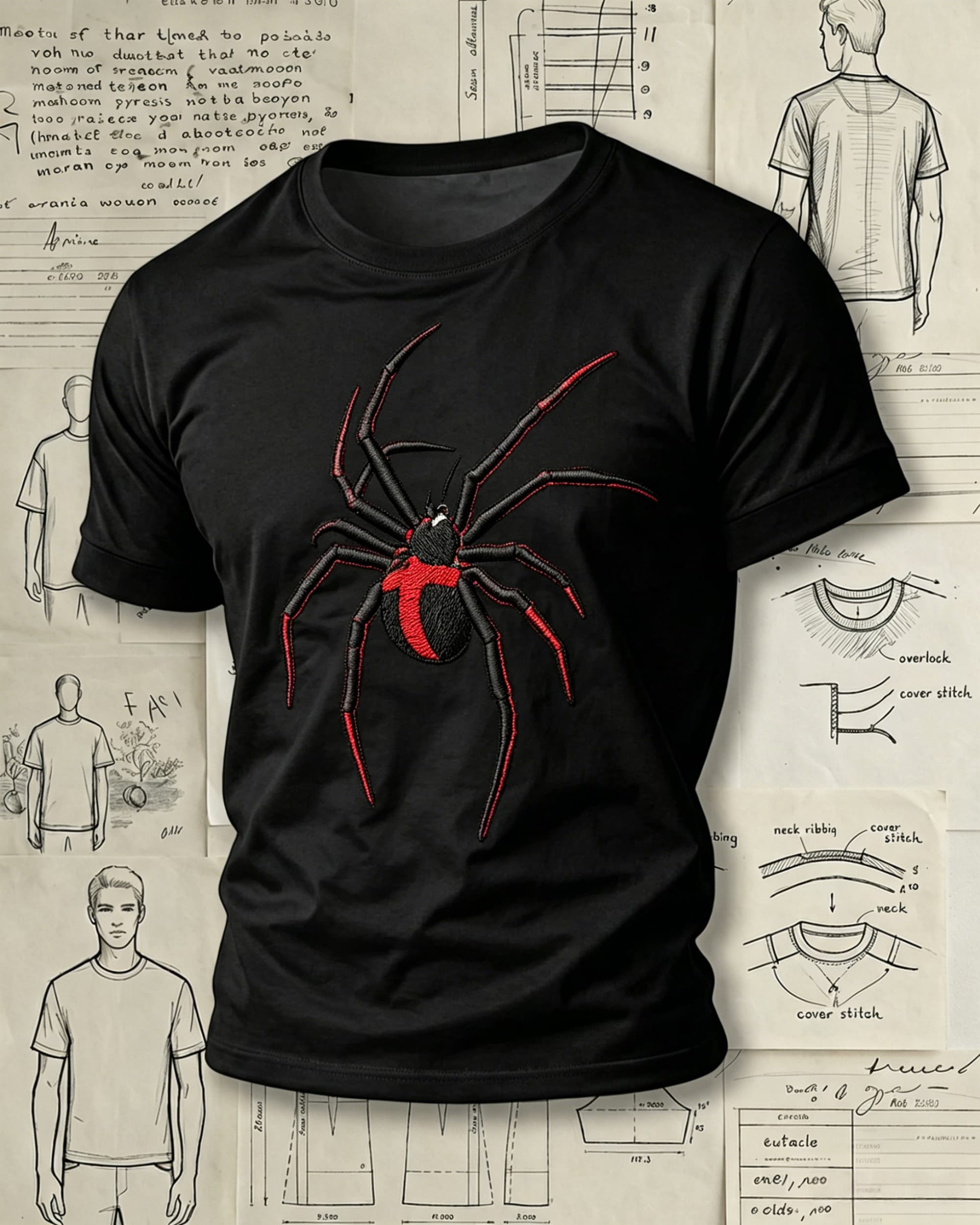 Red-Black Spider Embroidered Pattern T-Shirts