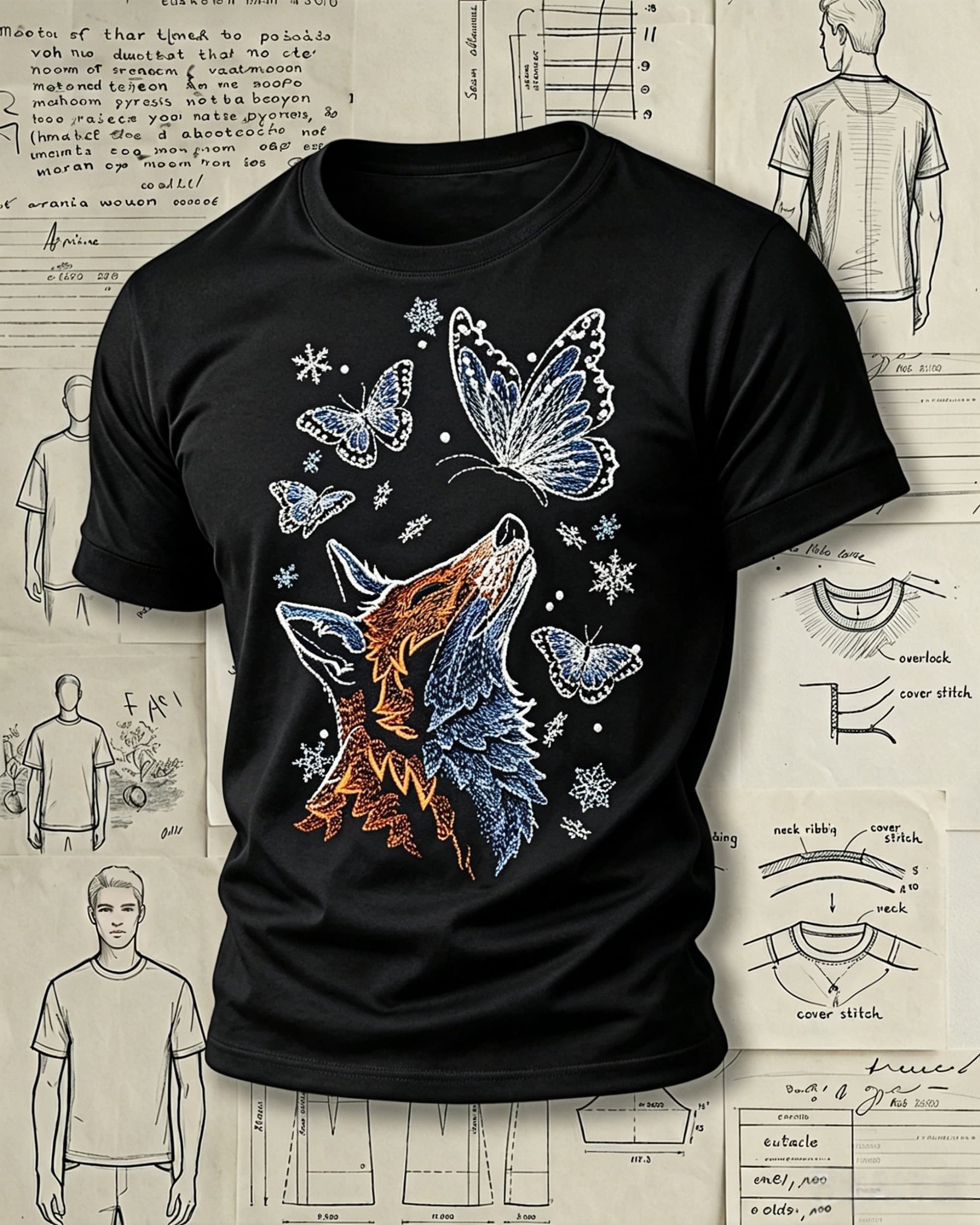 Fox and Butterflies Embroidered Pattern T-Shirts