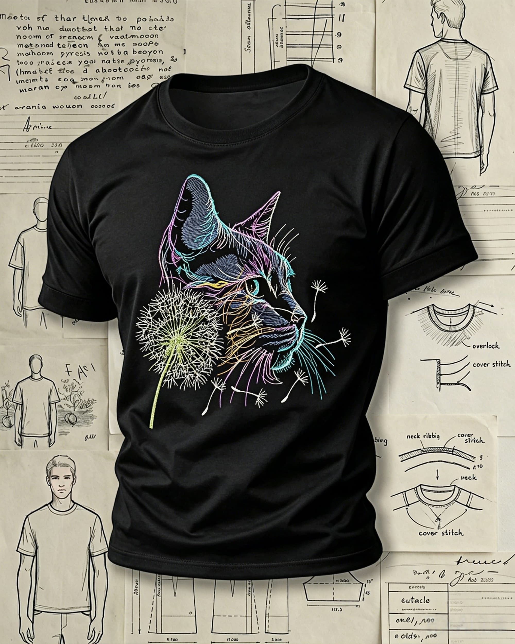 Colorful Cat & Dandelion Embroidered Pattern T-Shirts