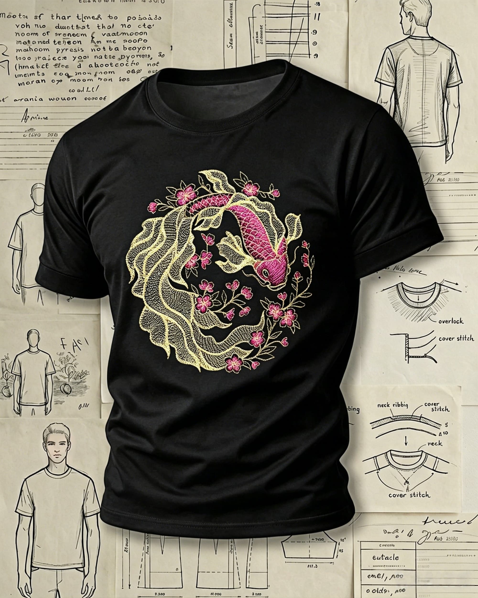 Koi Fish and Cherry Blossoms Embroidered Pattern T-Shirts