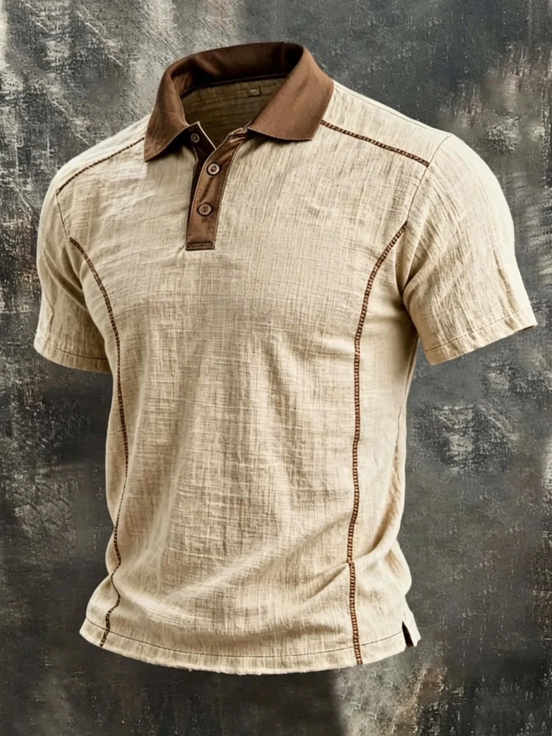 Men's Beige Linen-Look Polo with Brown Contrast Stitching