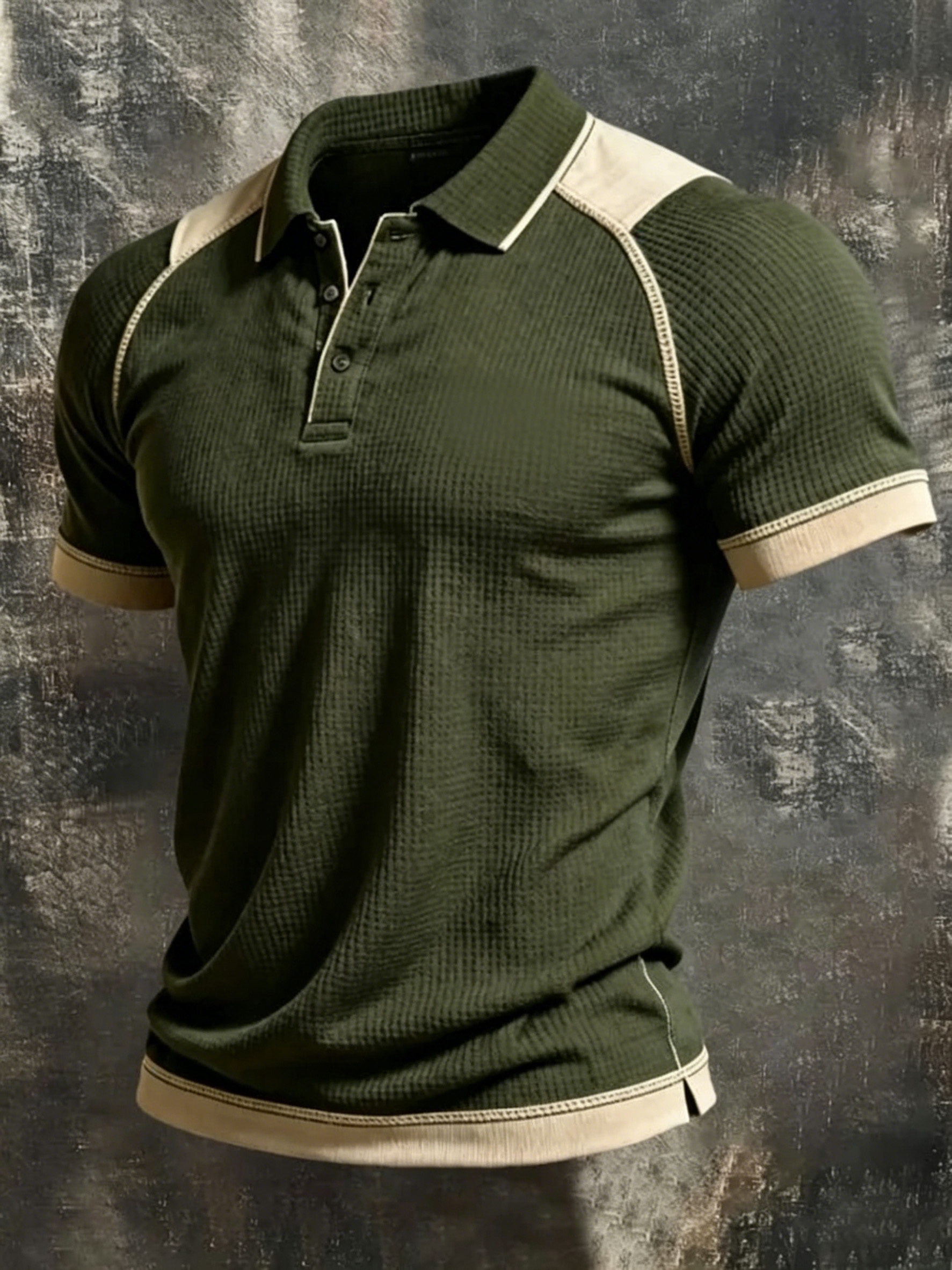 Men's Olive Waffle Knit Beige Contrast Polo