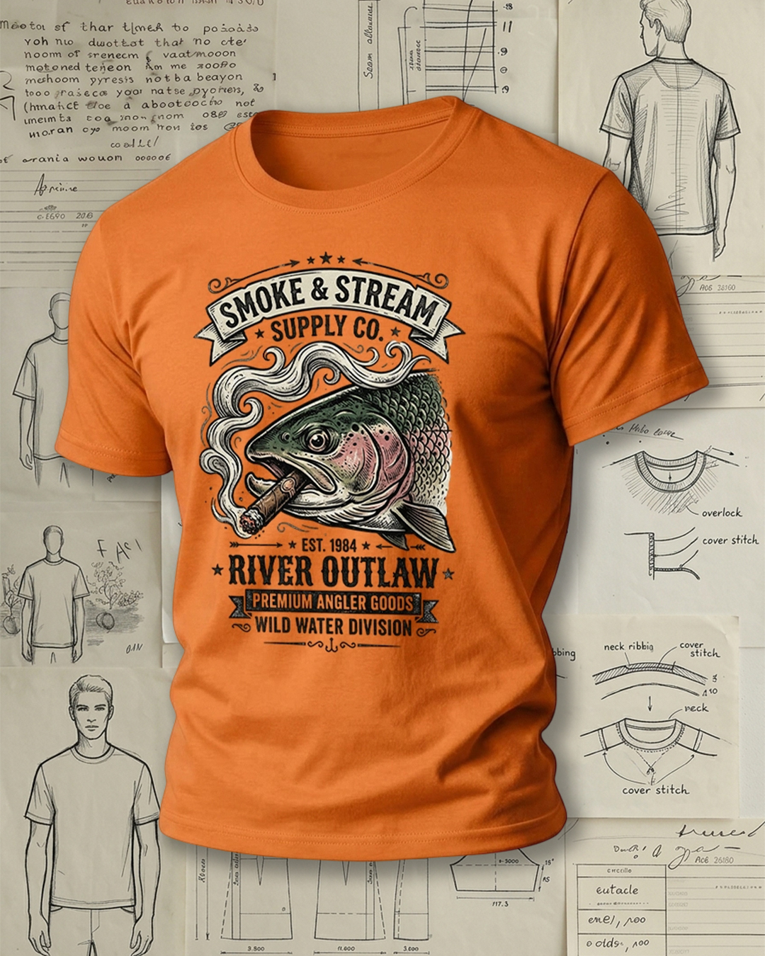 Retro Smoking Trout Angler Short-Sleeve T-Shirt