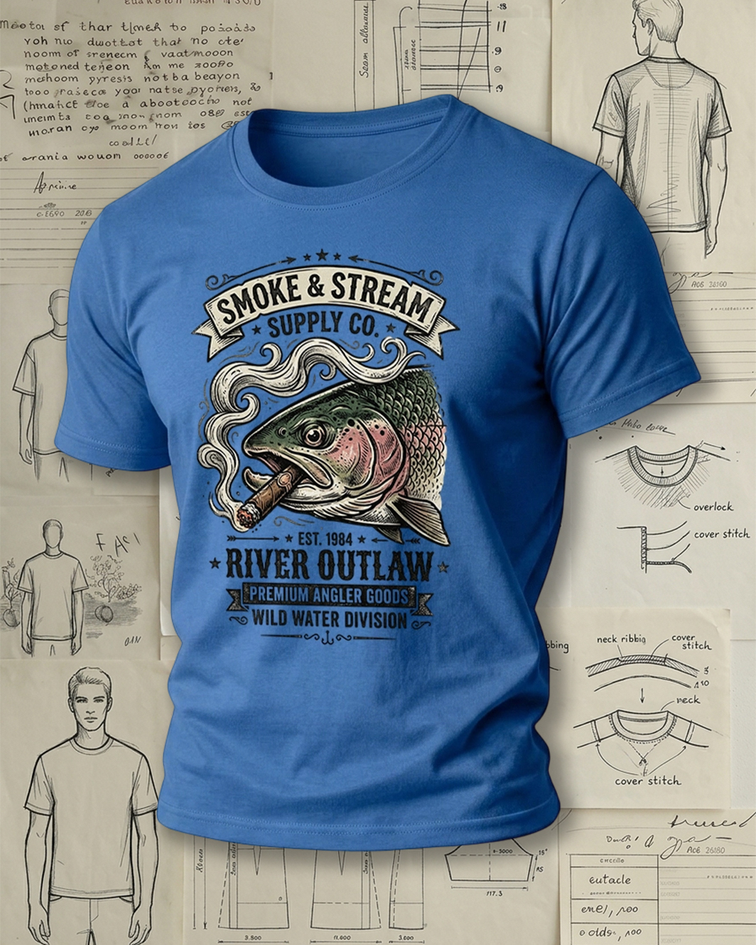 Retro Smoking Trout Angler Short-Sleeve T-Shirt
