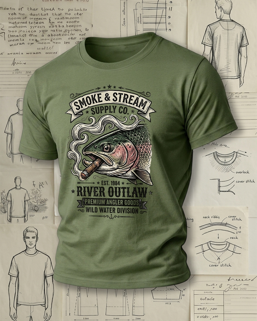 Retro Smoking Trout Angler Short-Sleeve T-Shirt