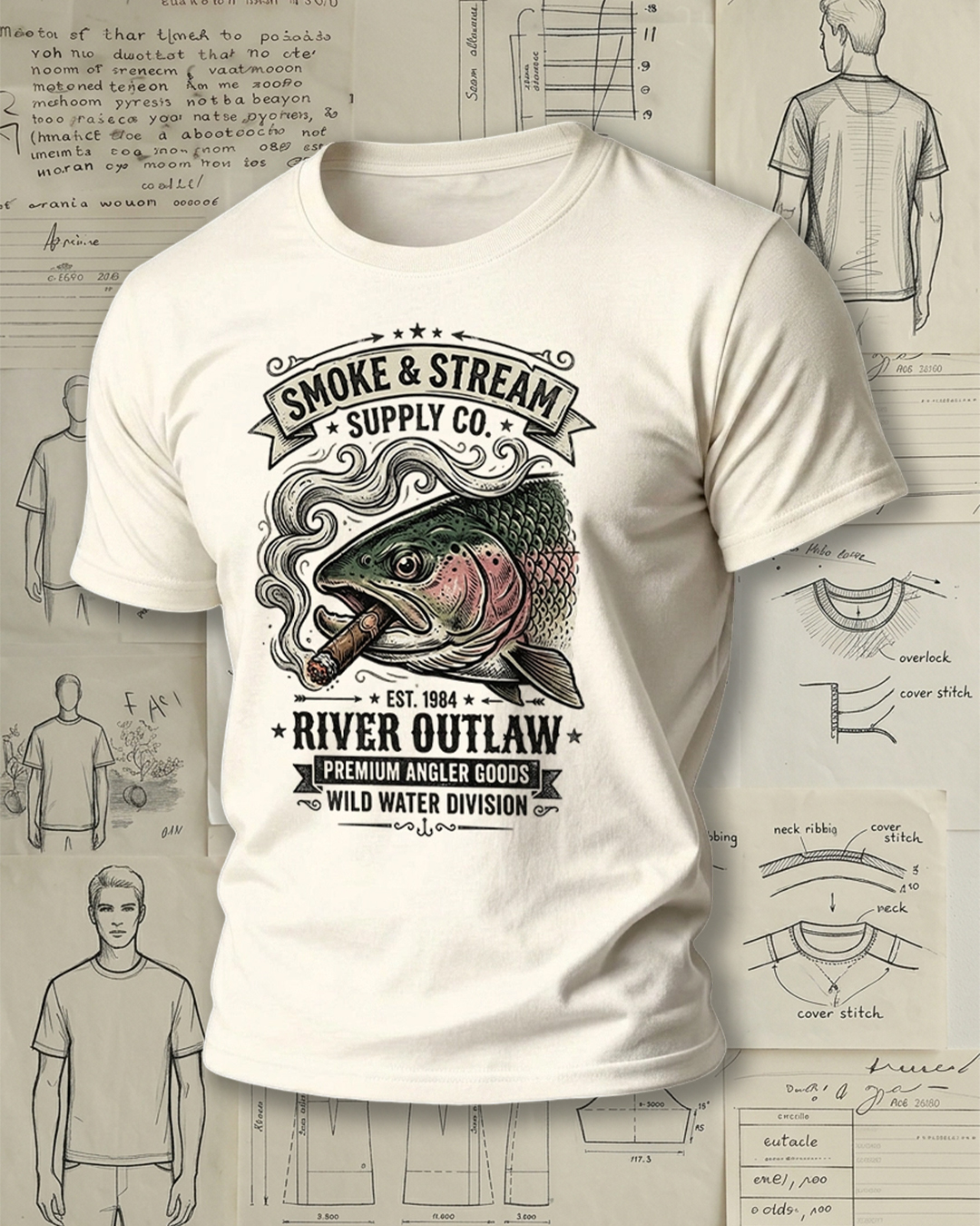 Retro Smoking Trout Angler Short-Sleeve T-Shirt