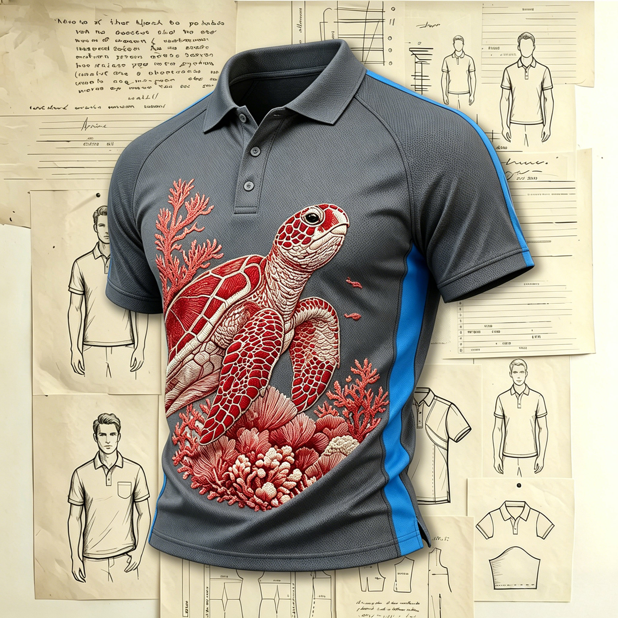 Premium Red Sea Turtle Coral Art Embroidered Pattern Shirts