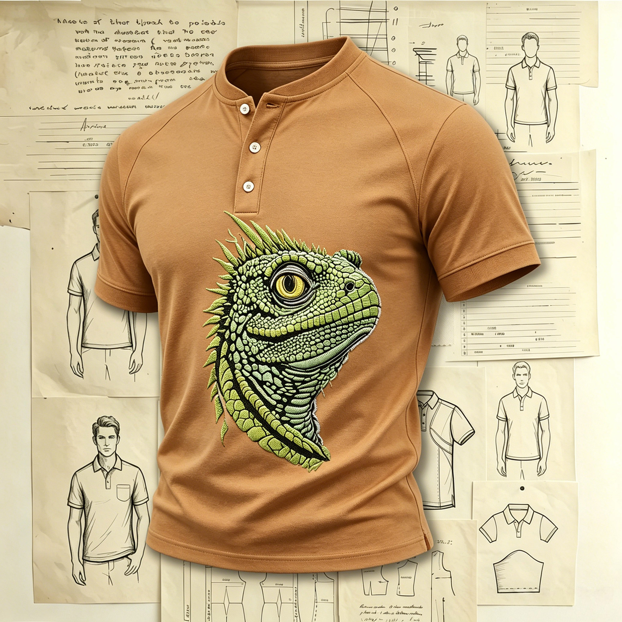 Exotic Green Lizard Head Embroidery Embroidered Pattern Shirts