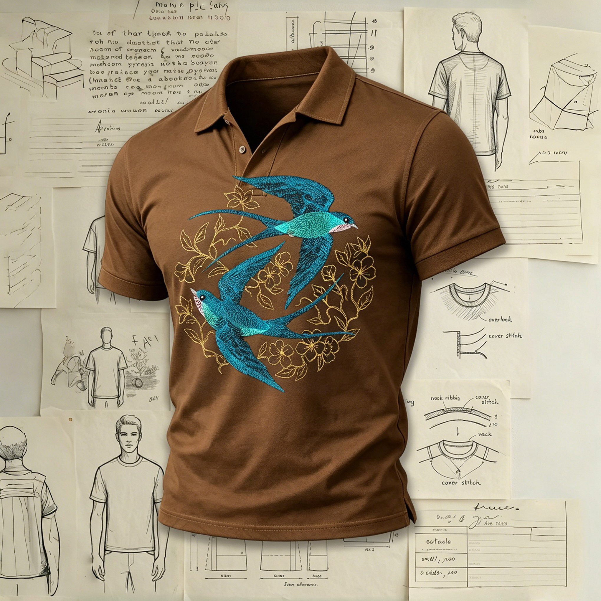 Luxe Blue Swallow Floral Frame Embroidered Pattern Shirts