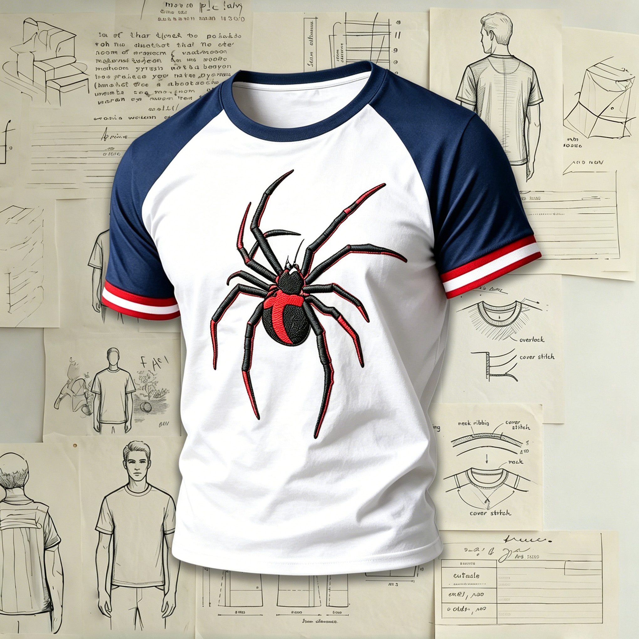 Edgy Black & Red Spider Raglan Embroidered Pattern Shirts