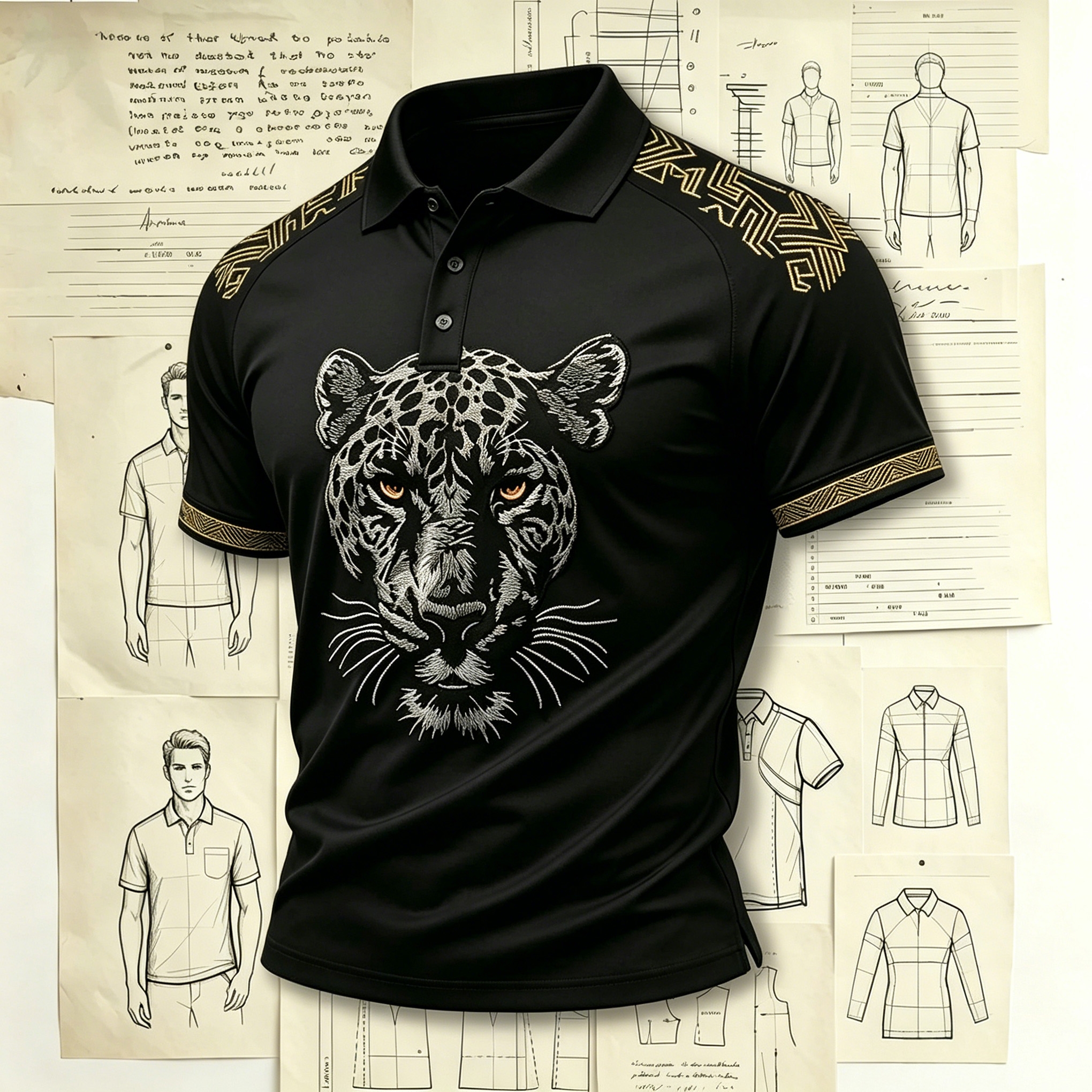Sleek Silver Leopard Head Designer Polo Embroidered Pattern Shirts