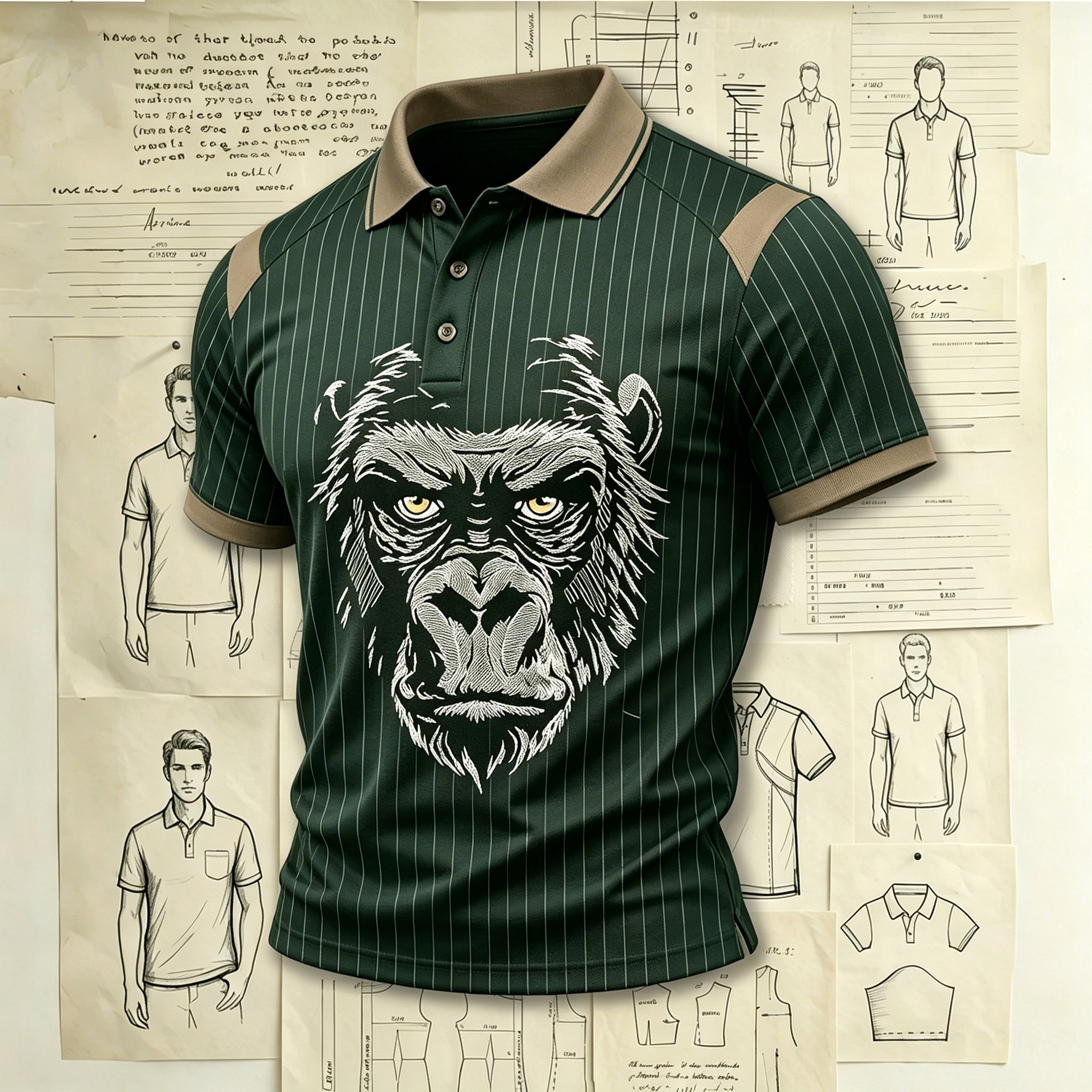 Bold Gorilla Face Statement Polo Embroidered Pattern Shirts