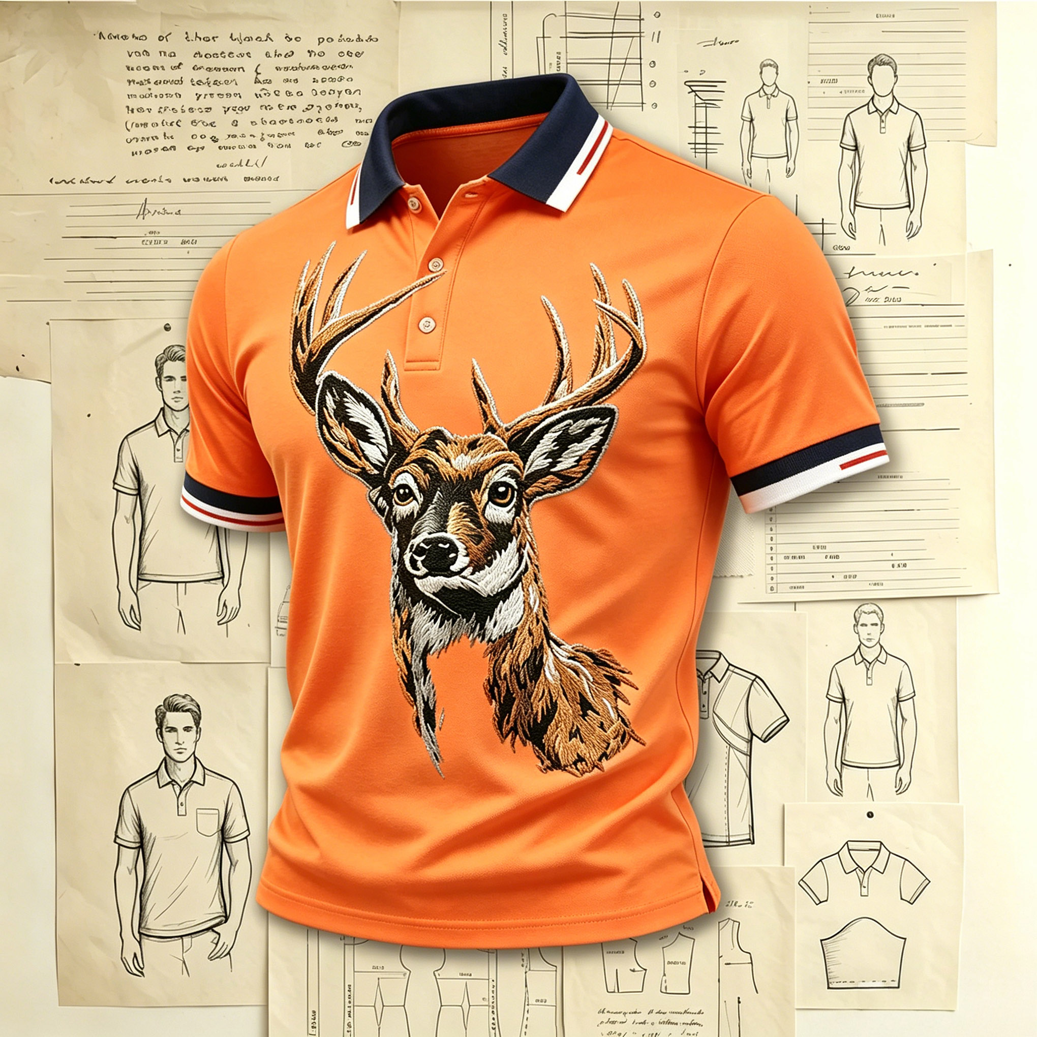 Vibrant Stag Deer Head Orange Polo Embroidered Pattern Shirts