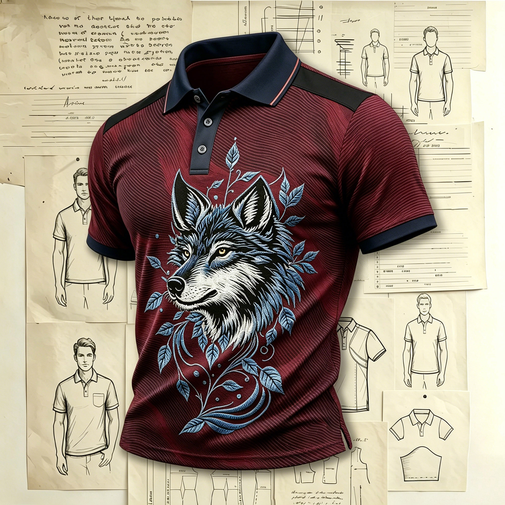 Artisan Floral Wolf Head Maroon Polo Embroidered Pattern Shirts