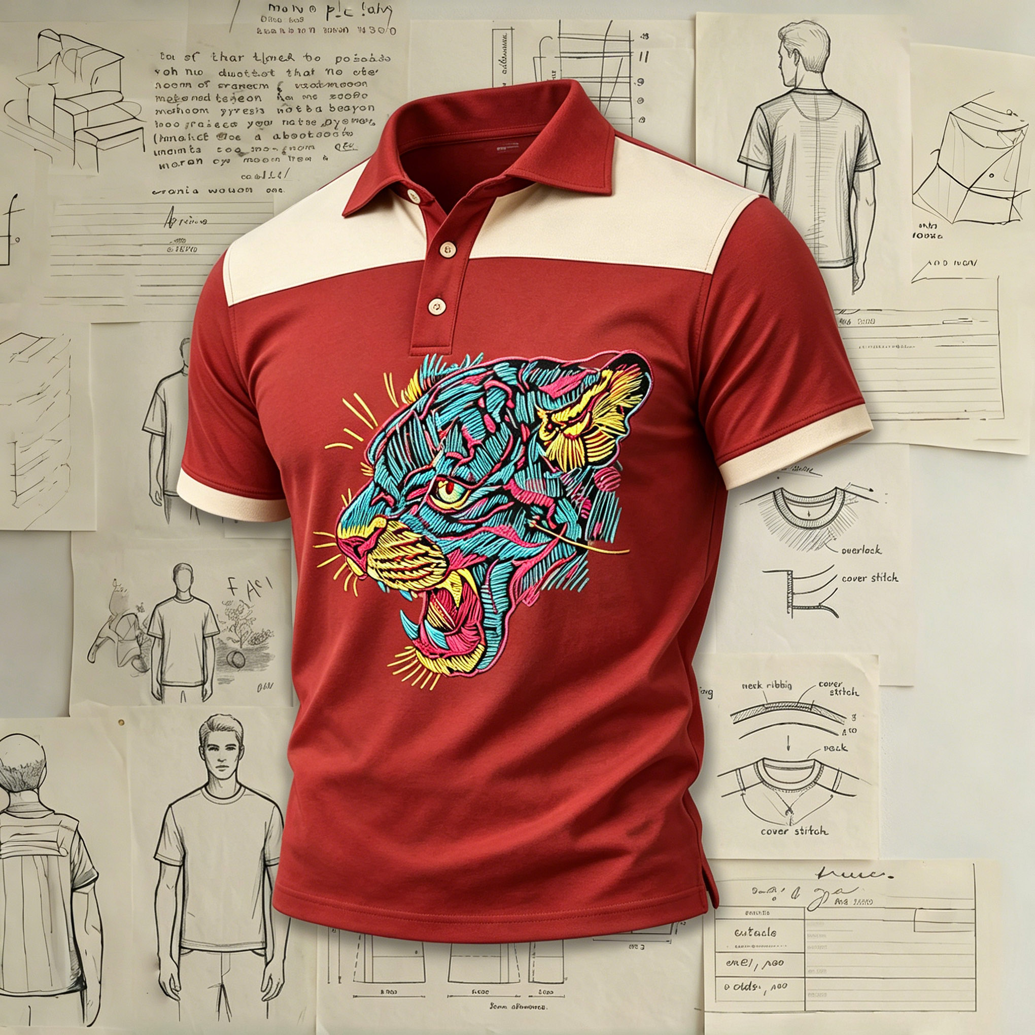 Abstract Neon Tiger Head Print Embroidered Pattern Shirts