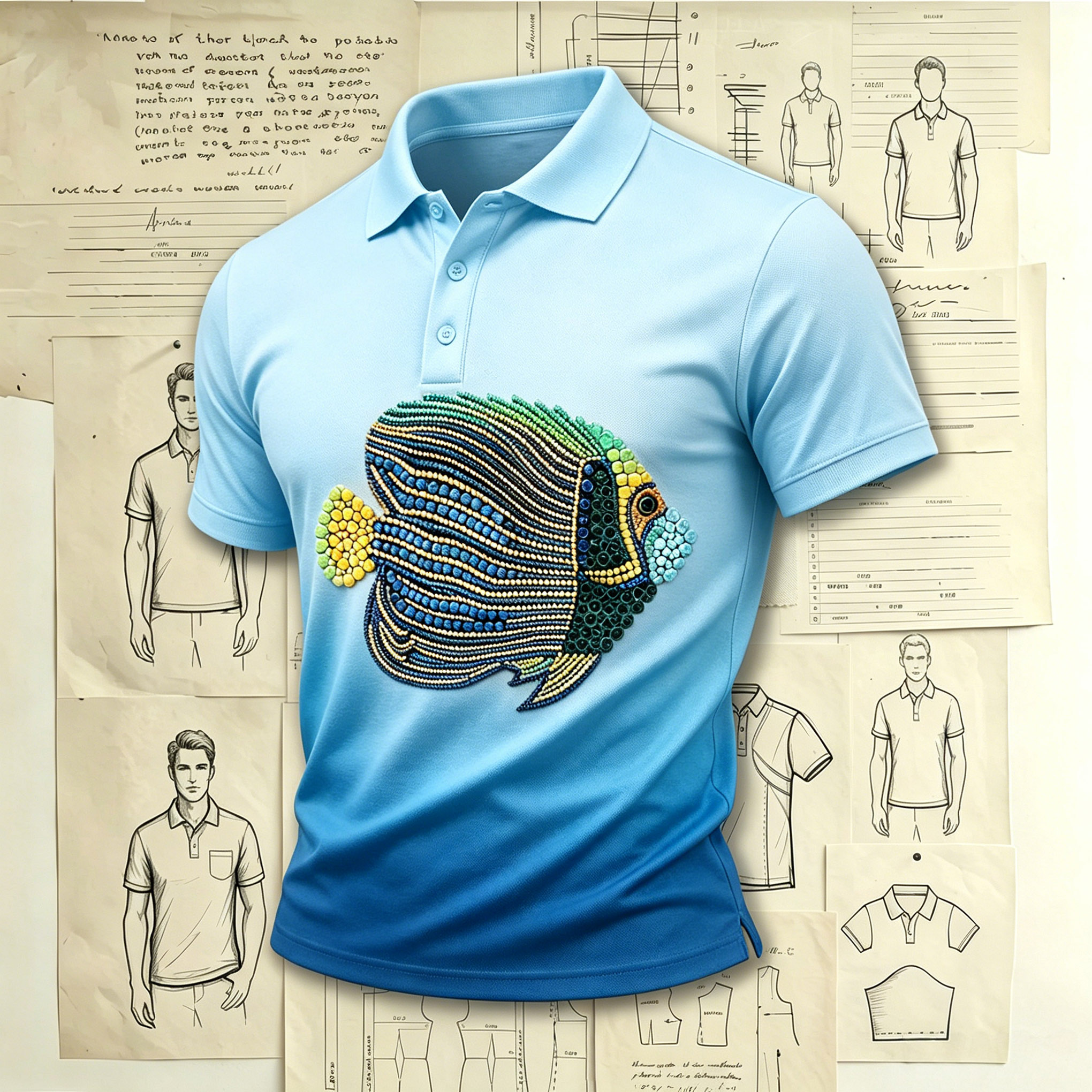 Luxe Beaded Tropical Fish Art Embroidered Pattern Shirts