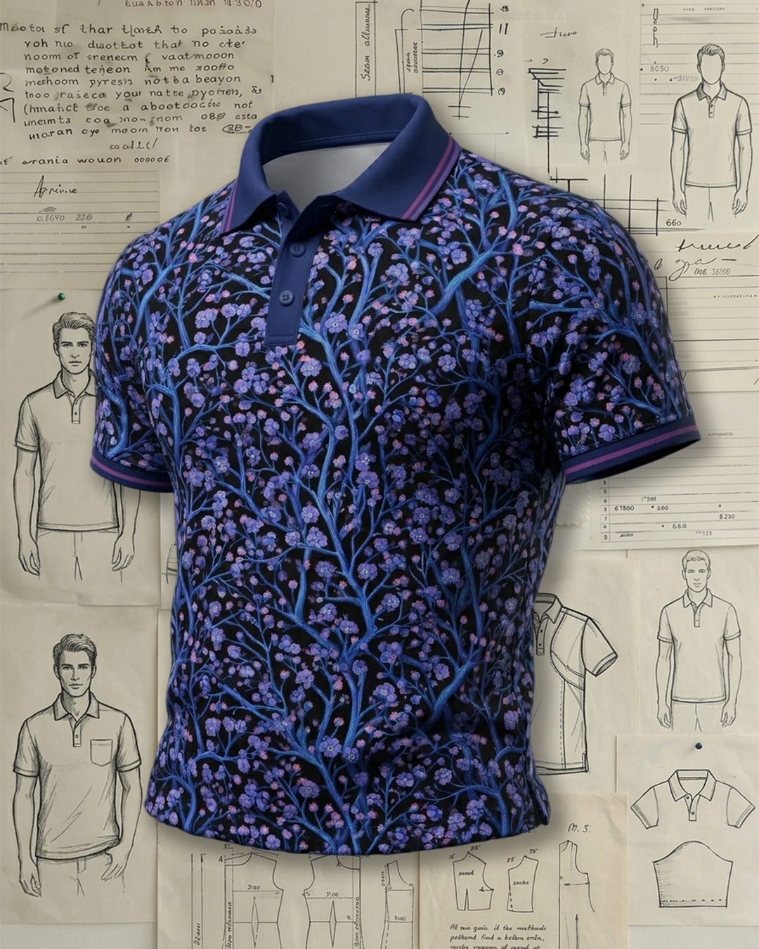 Men’s Purple Blossom Print Short Sleeve Polo Shirt