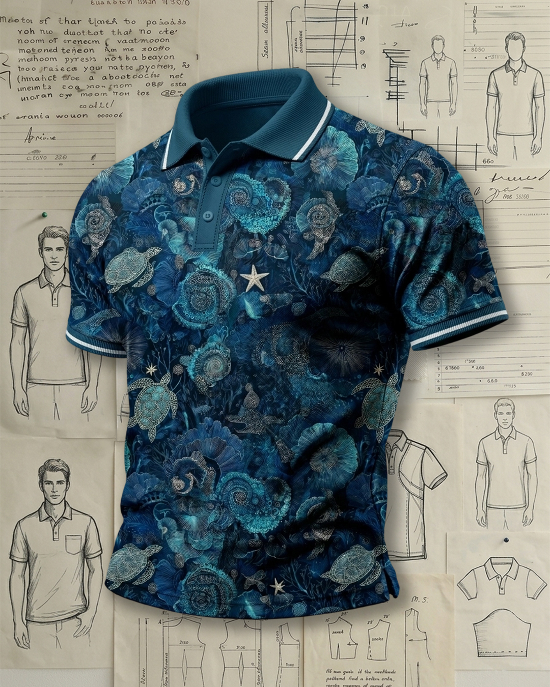 Men’s Casual Sea Turtle Themed Collared Tee
