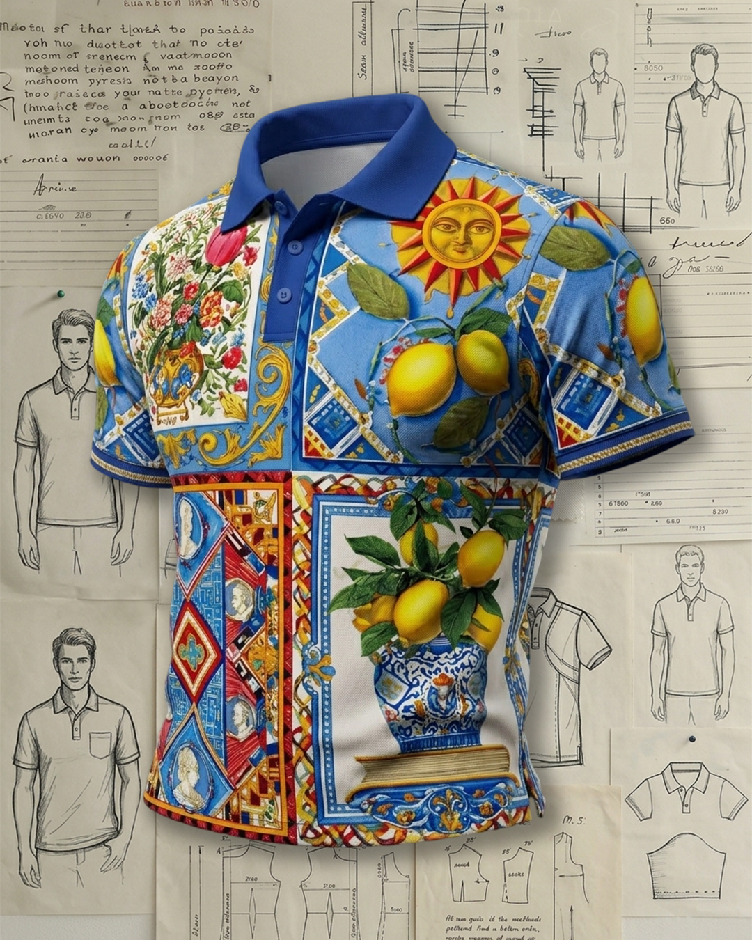 Men’s Vintage Sun & Lemon Pattern Collared Polo