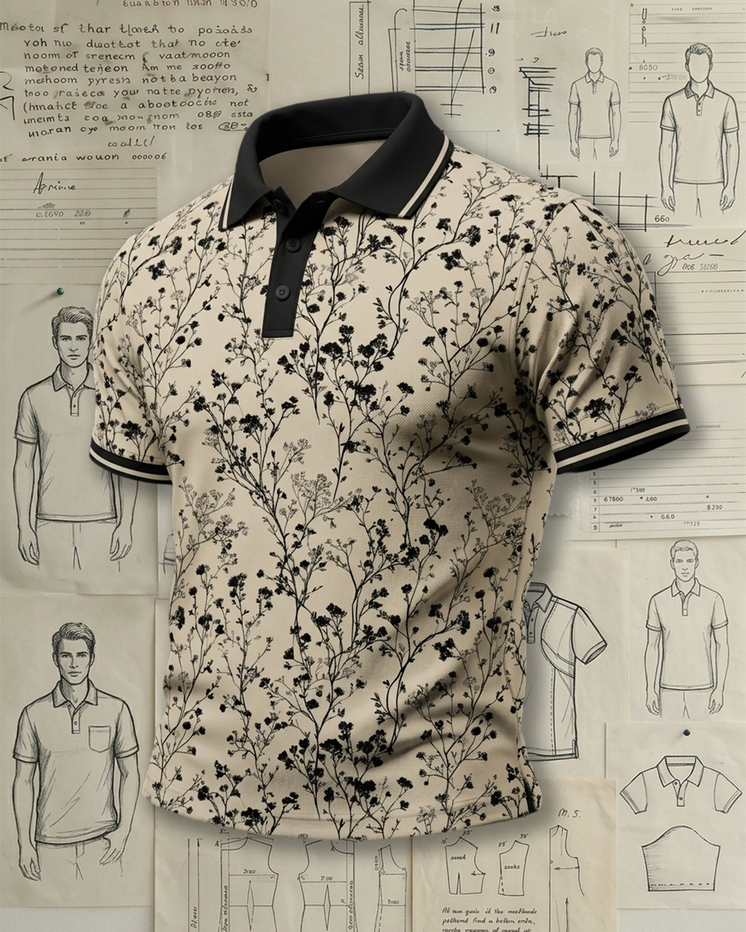 Men’s Black Floral Print Short Sleeve Polo Shirt