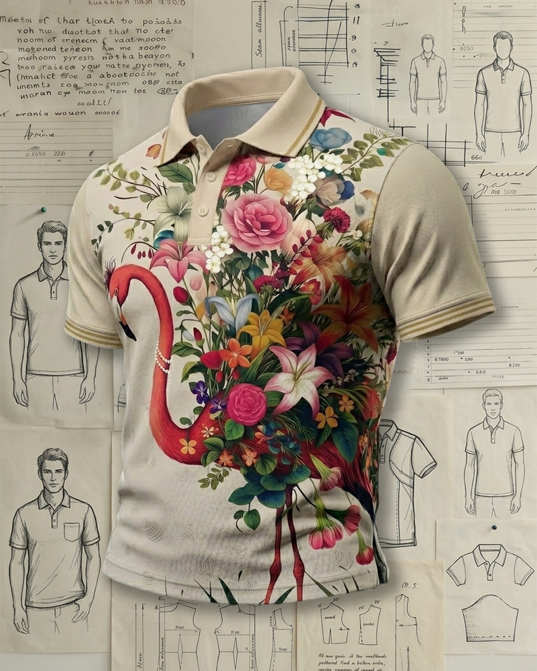 Men’s Flamingo & Floral Print Polo Shirt