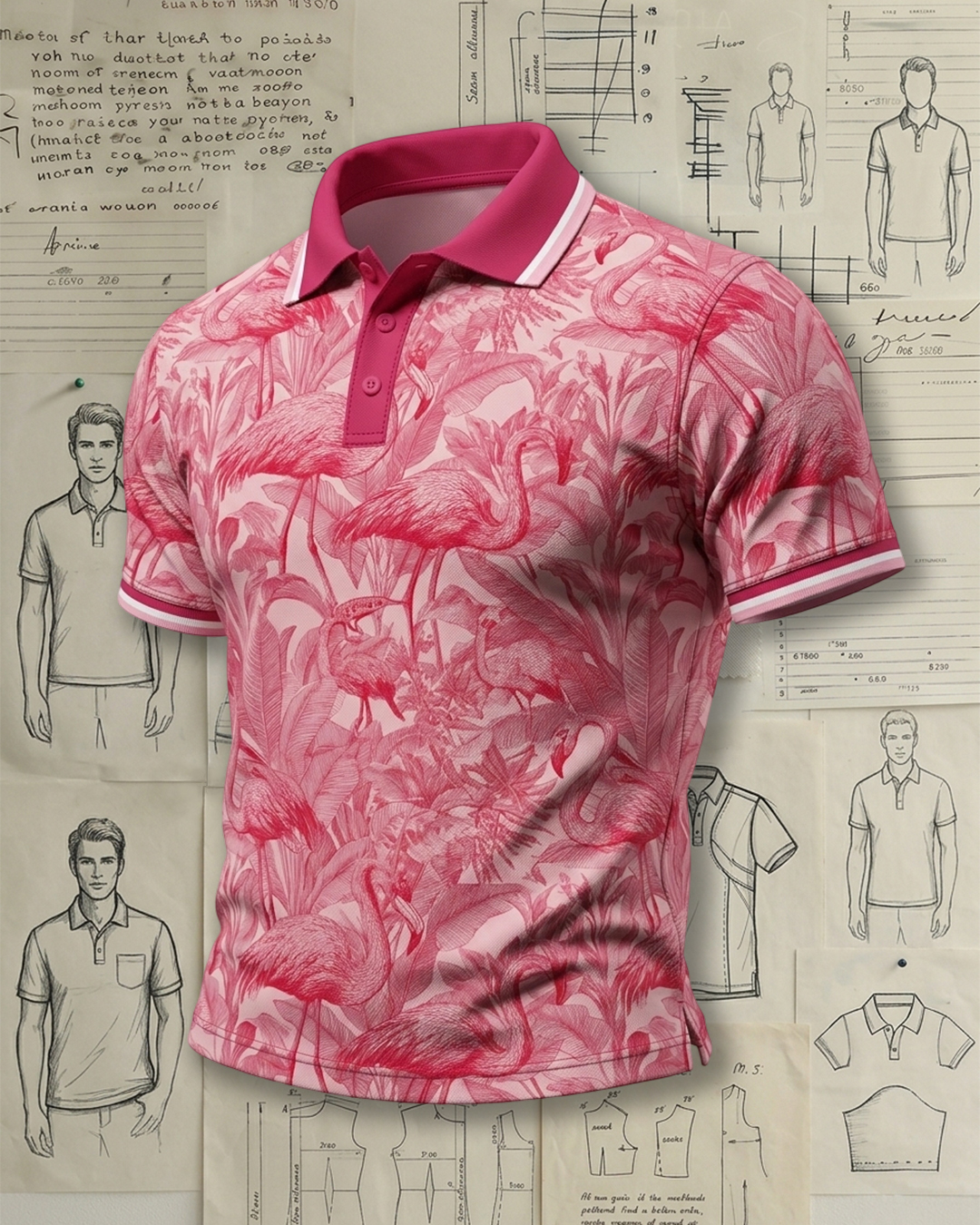 Men’s Pink Flamingo Print Short Sleeve Polo Shirt
