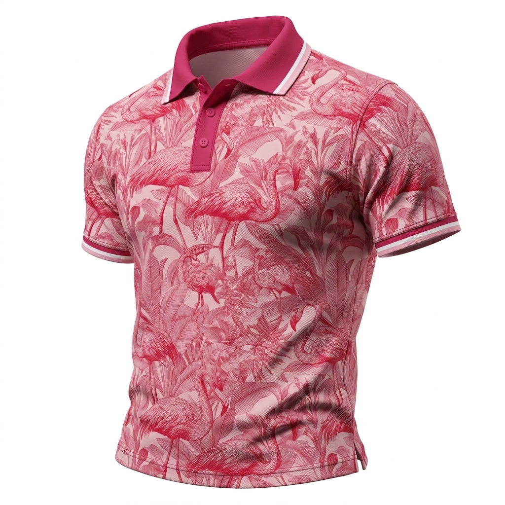 Men’s Pink Flamingo Print Short Sleeve Polo Shirt