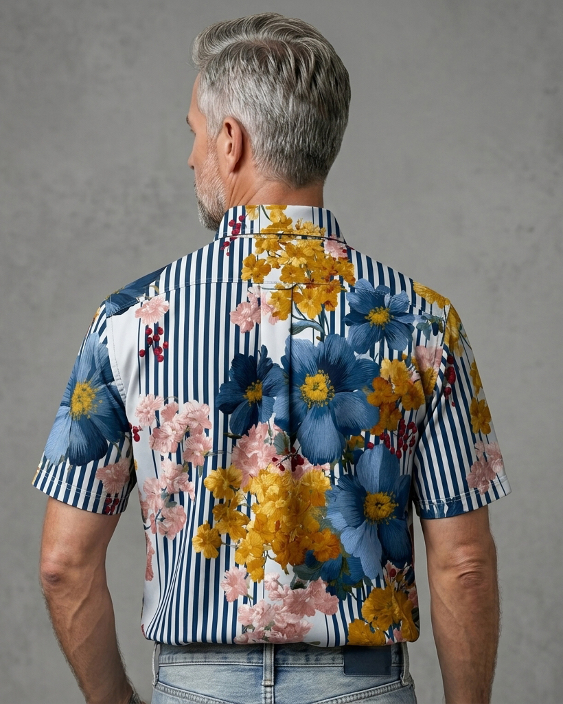 Men's Blue-White Striped Floral Patchwork Print Short Sleeve Turn-Down Collar Casual Shirt
