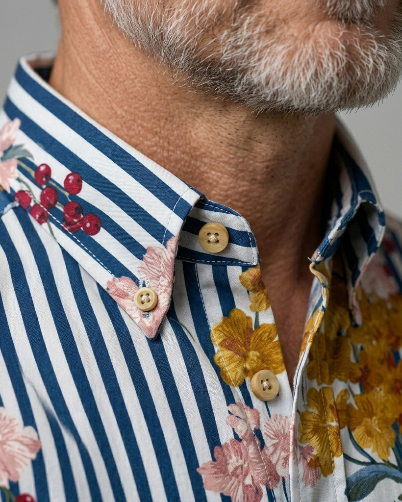 Men's Blue-White Striped Floral Patchwork Print Short Sleeve Turn-Down Collar Casual Shirt